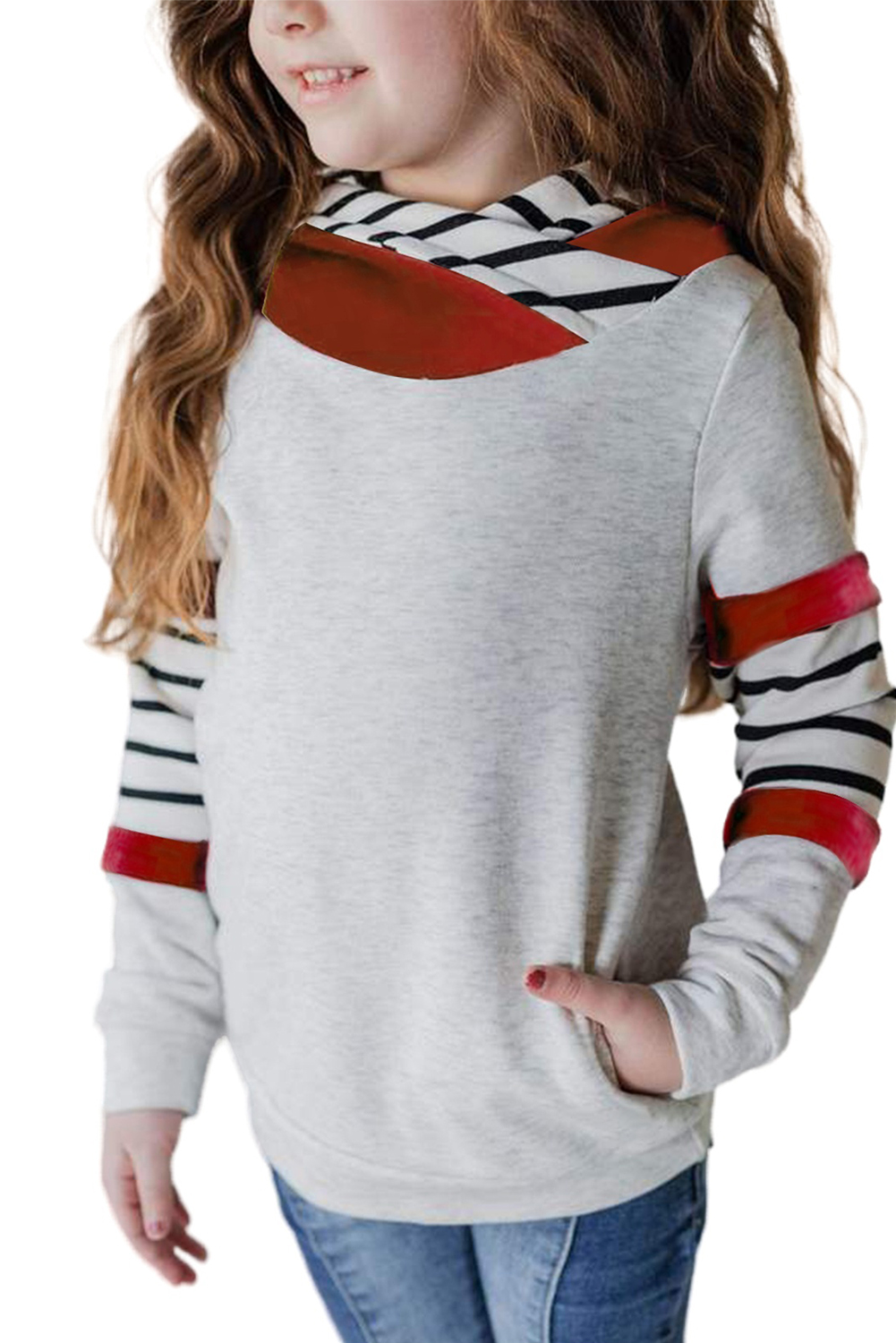 Gray Girls Stripes Colorblock High Neck Hoodie
