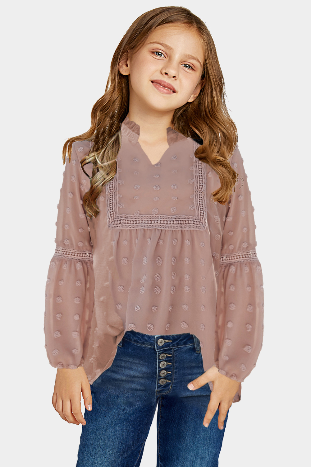 Pink Split Neck Swiss Dot Little Girls' Blouse