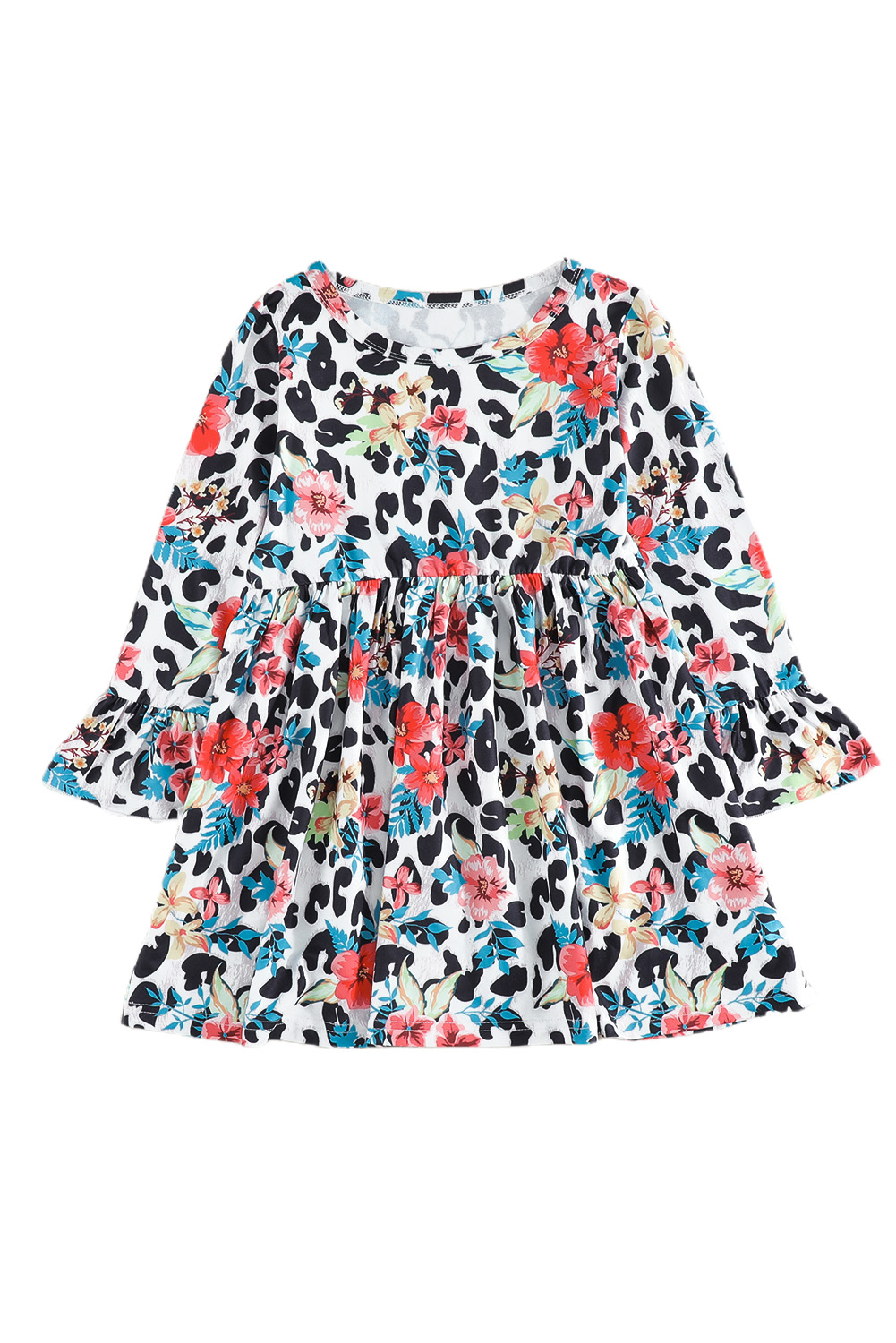 Girls Floral Leopard Long Ruffled Sleeve Dress