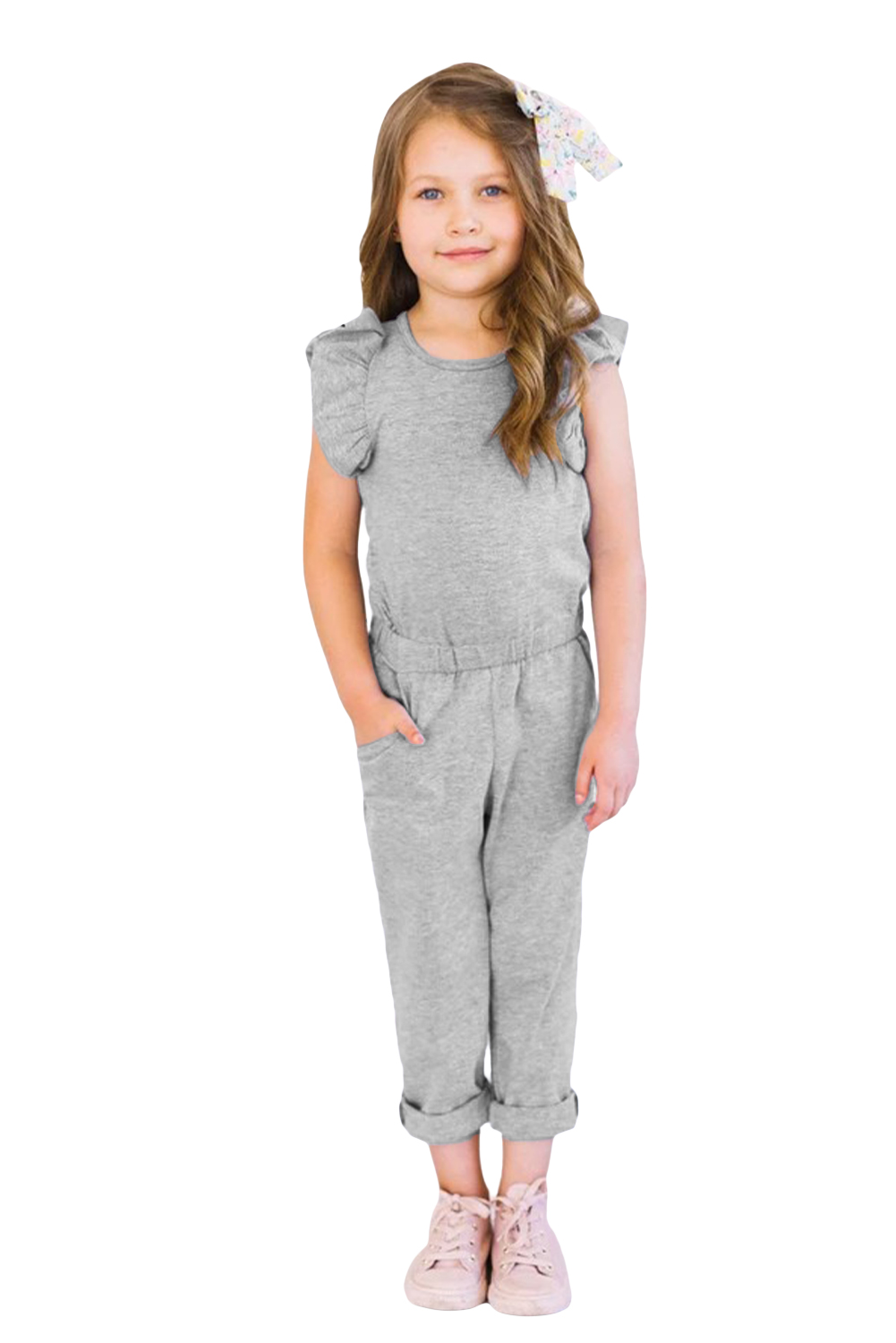 Gray Little Girls Ruffled Shoulder Keyhole Back Jumpsuit With Pockets