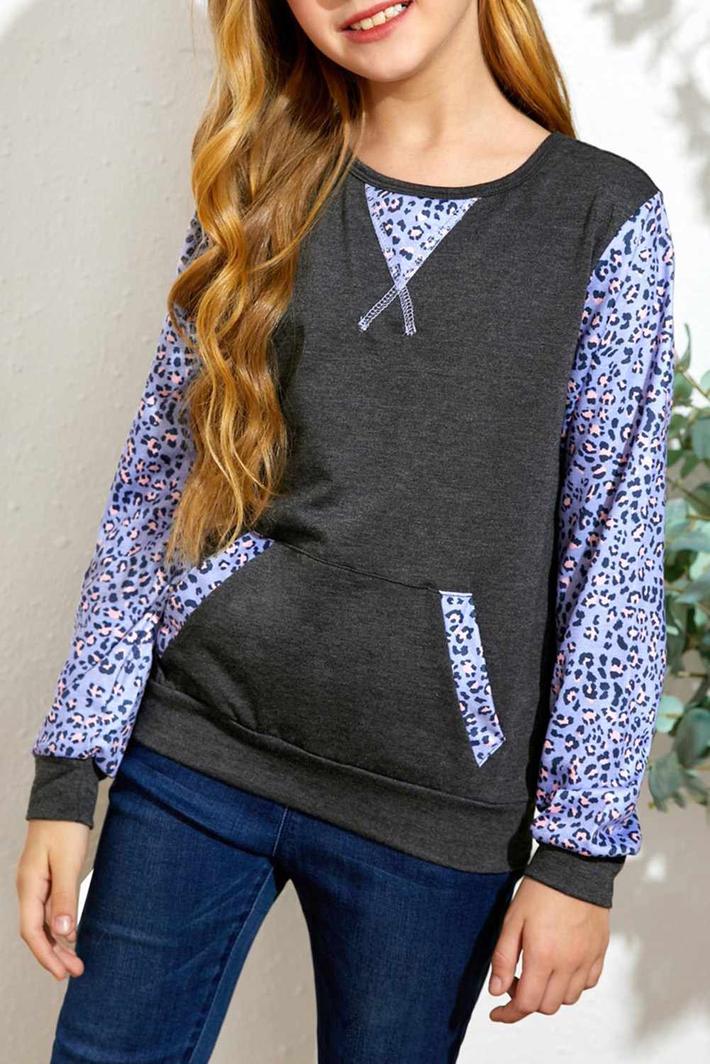 Gray Leopard Raglan Sleeve Patchwork Little Girl Sweatshirt