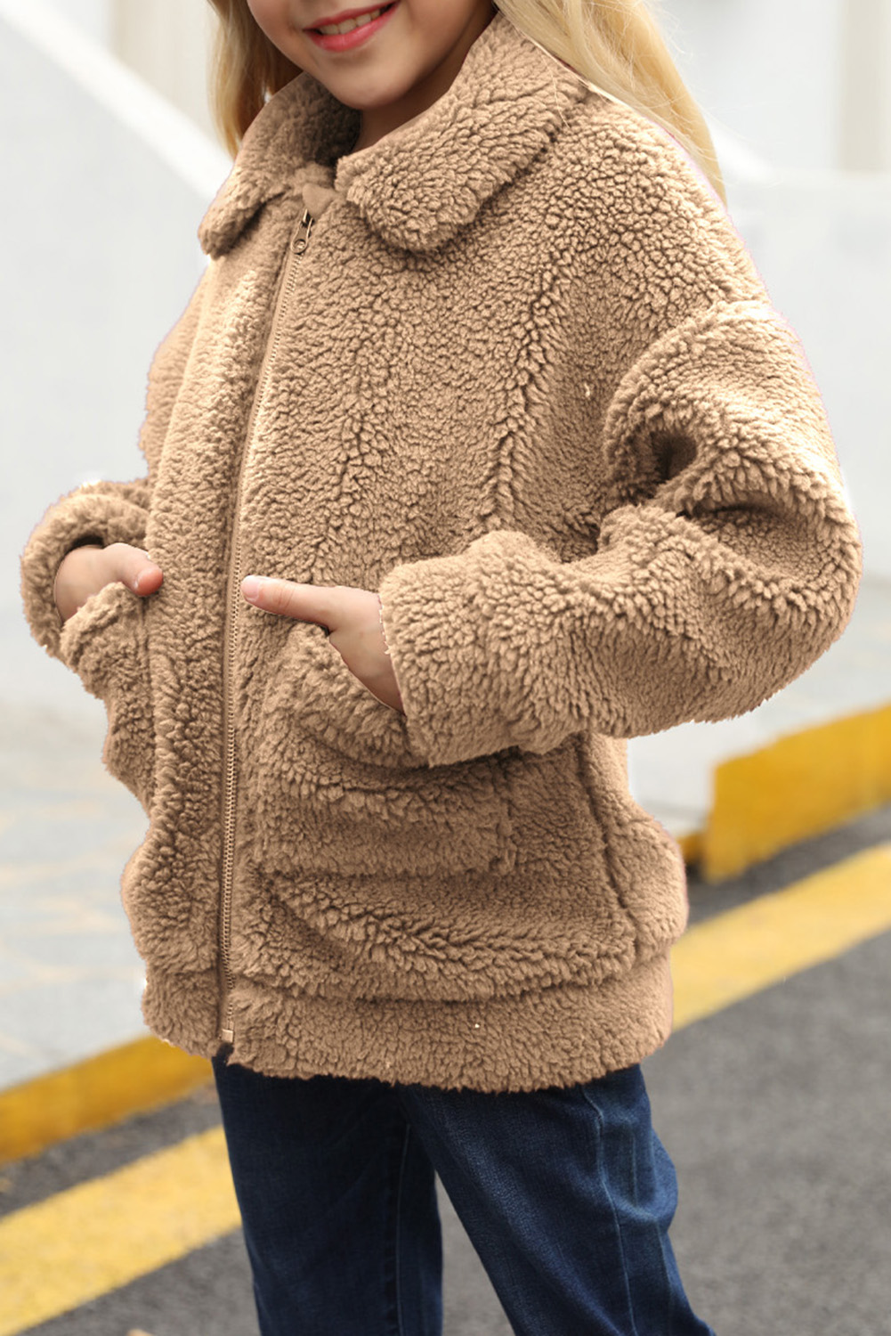 Brown Lapel Zipper Pockets Girl's Sherpa Coat