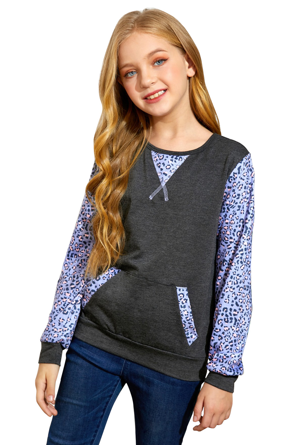 Gray Leopard Raglan Sleeve Patchwork Little Girl Sweatshirt