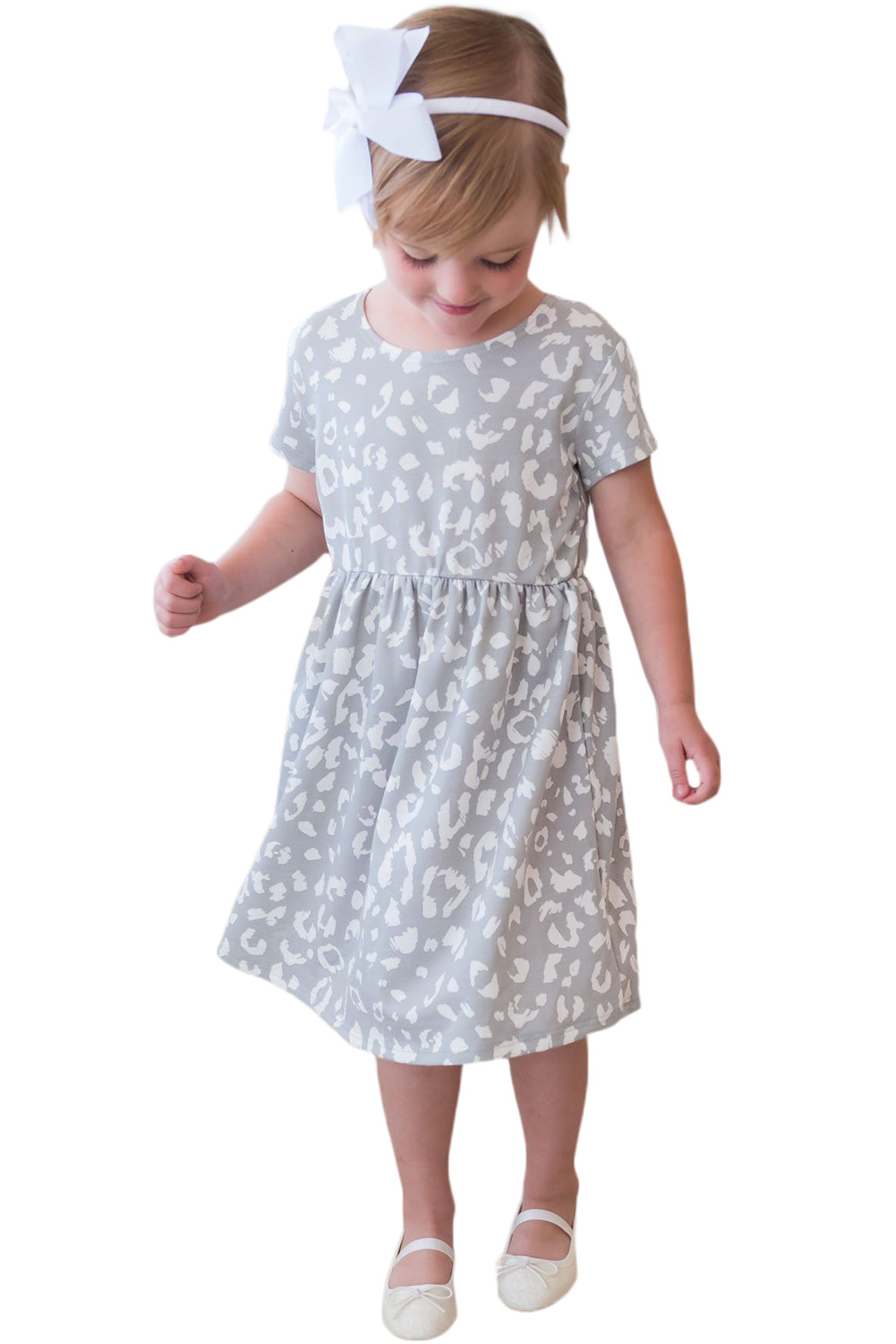 Gray Girl's Leopard Print Crew Neck High Waist Midi Dress