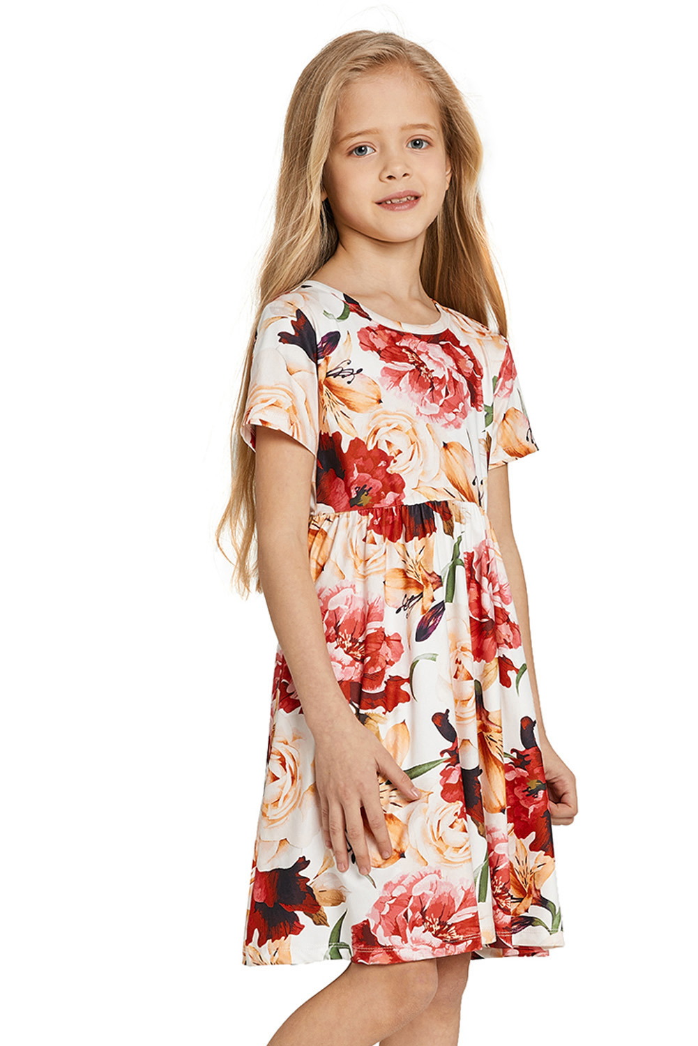 Crewneck Short Sleeve Floral Girl's Midi Dress