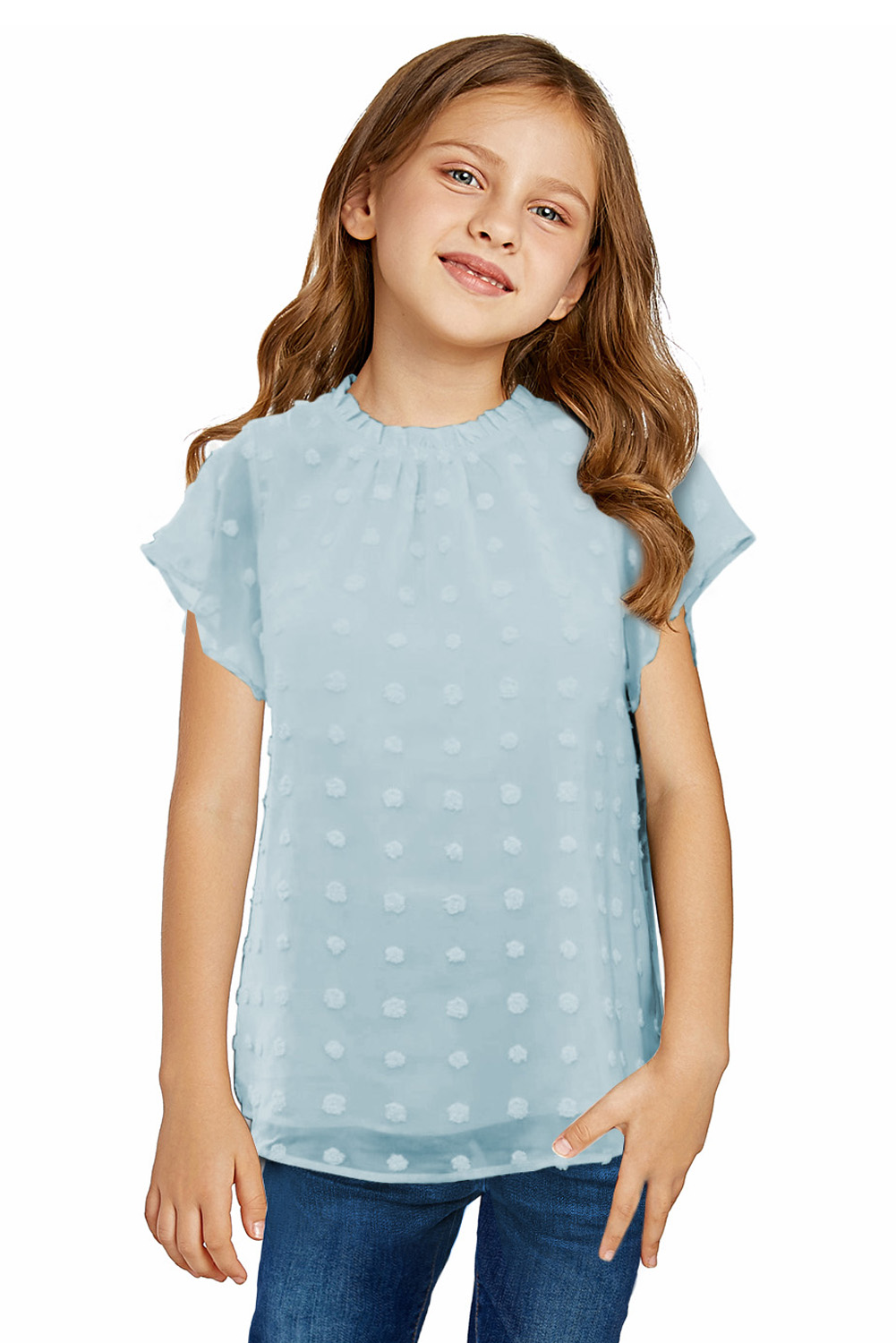 Sky Blue Swiss Dot Short Sleeve Girl's T-Shirt