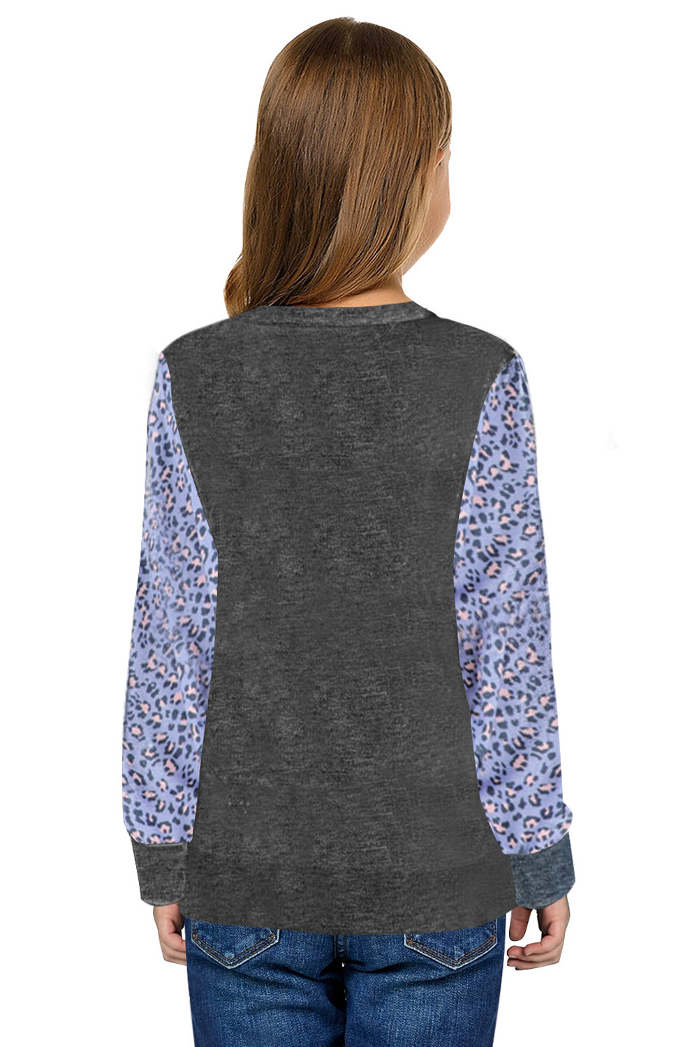 Gray Leopard Raglan Sleeve Patchwork Little Girl Sweatshirt