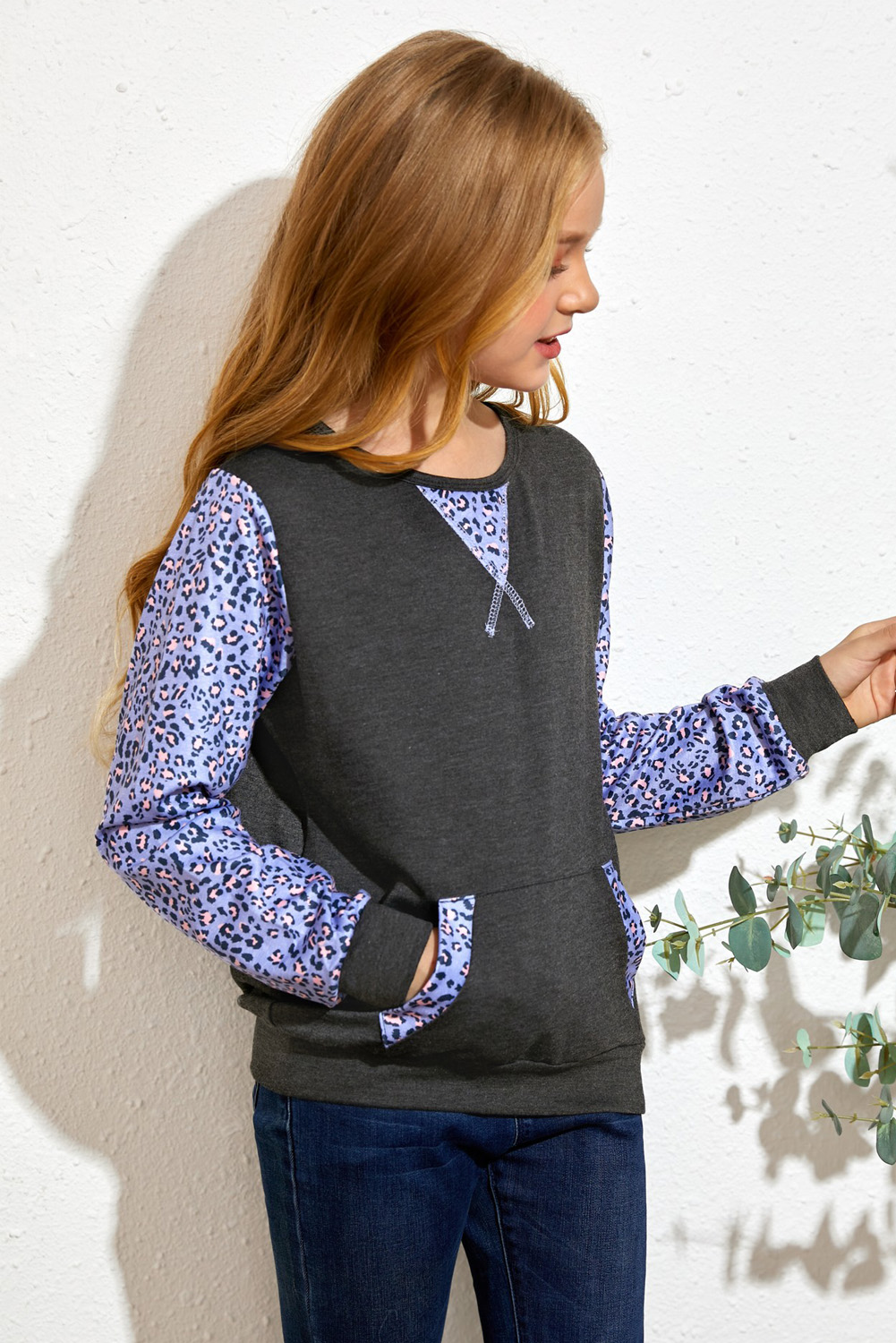 Gray Leopard Raglan Sleeve Patchwork Little Girl Sweatshirt