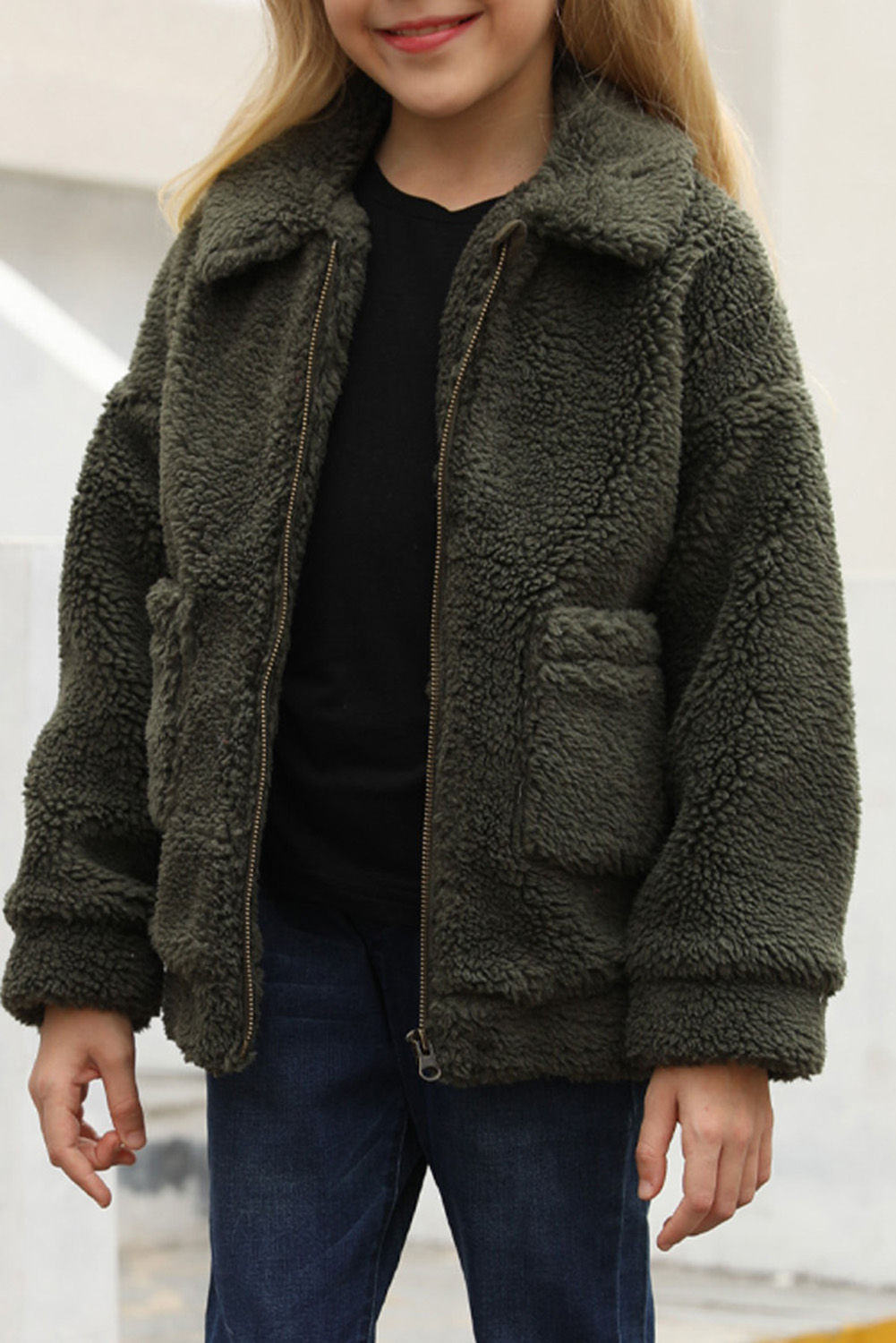 Green Lapel Zipper Pockets Girl's Sherpa Coat