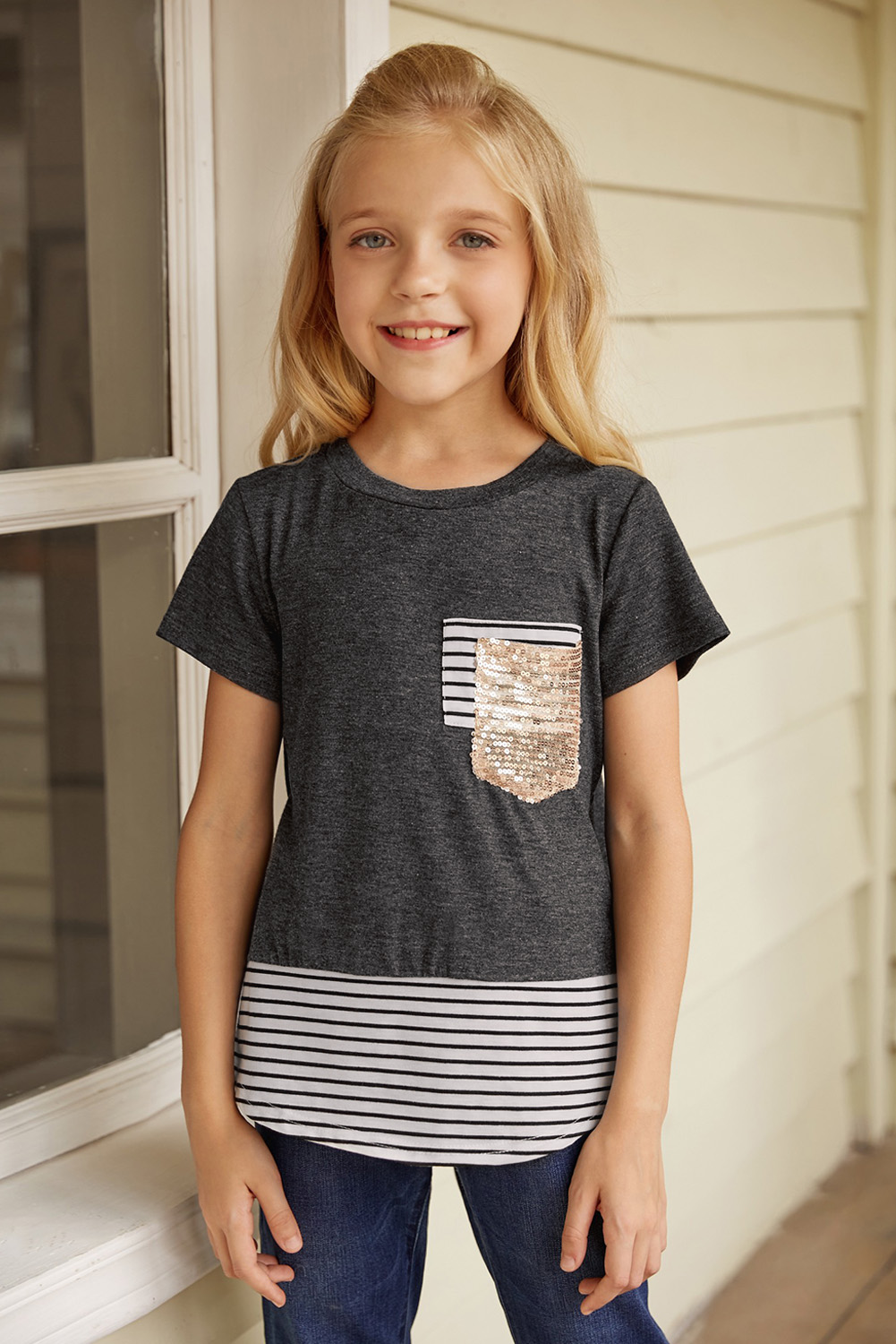 Gray Print Splicing Stripes Girls' T-Shirt