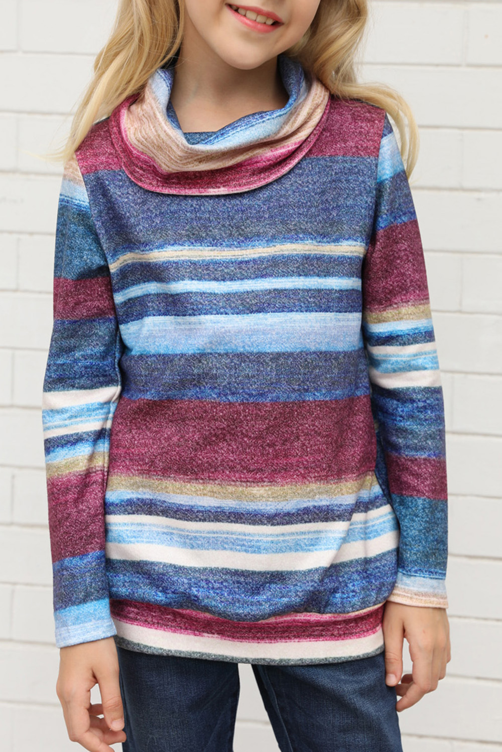 Blue Cowl Neck Girl's Striped Sweatshirt