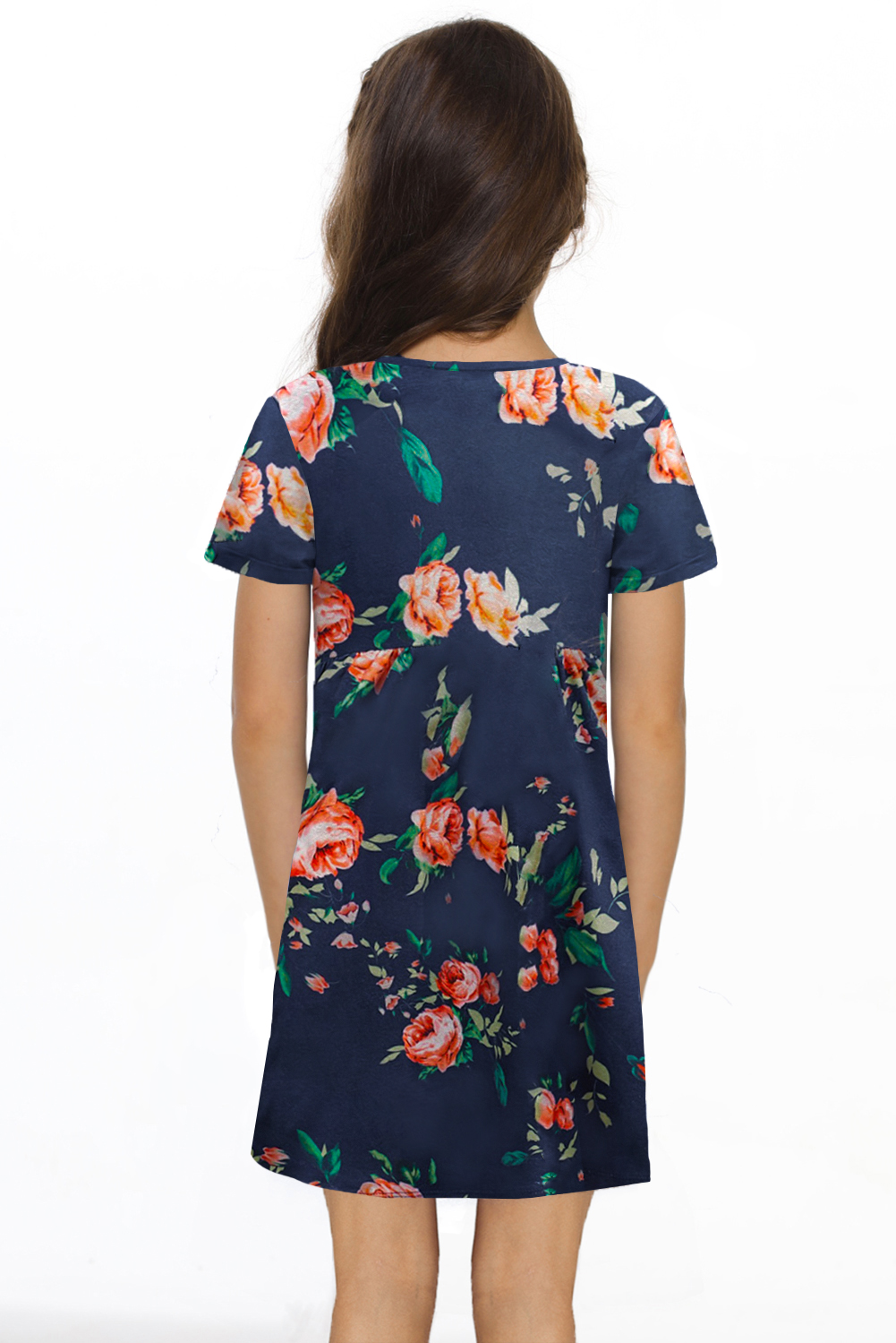 Blue Floral Print Twist Knot V Neck Girl's Mini Dress