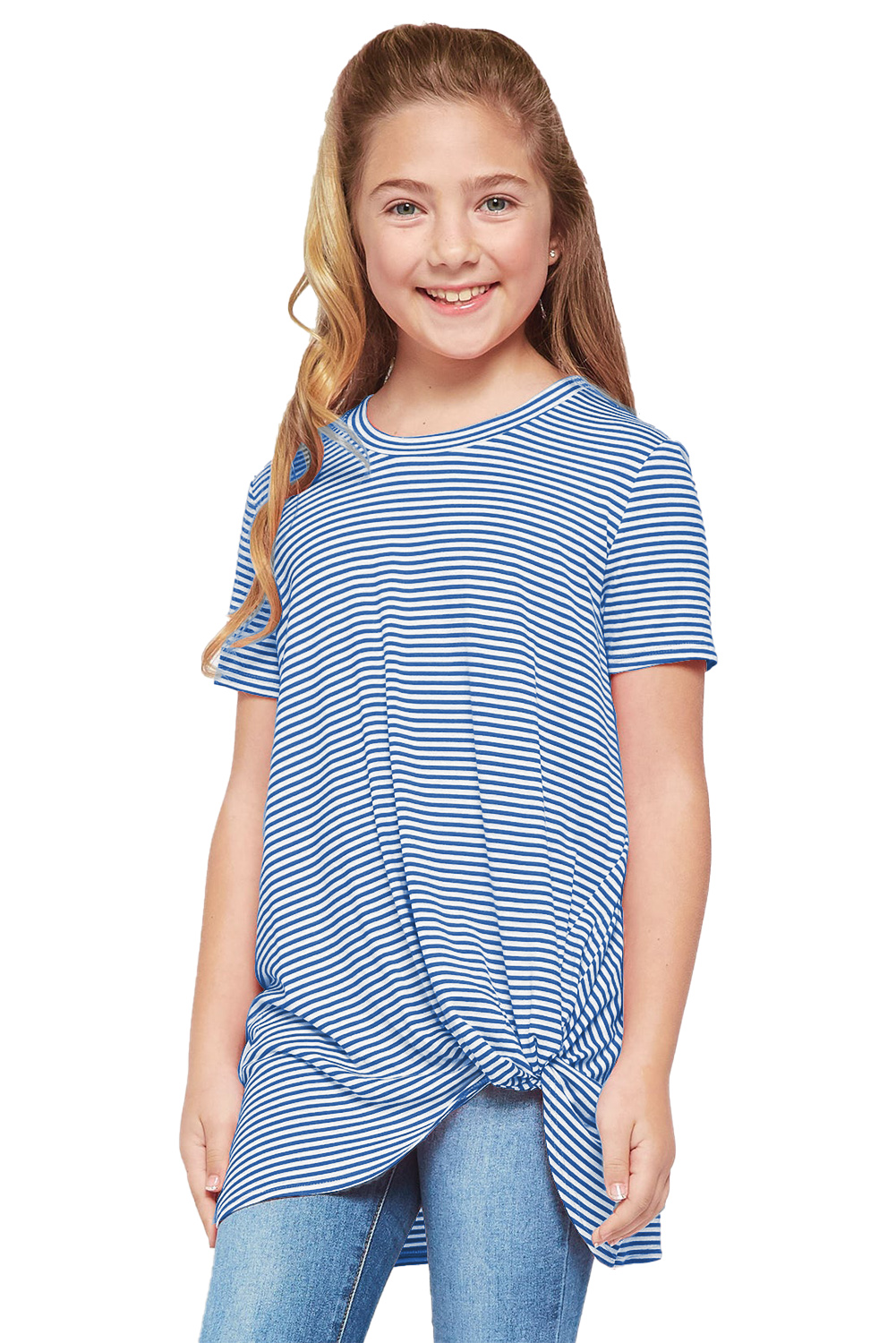 Blue Short Sleeve Front Twist Striped Girl's Top