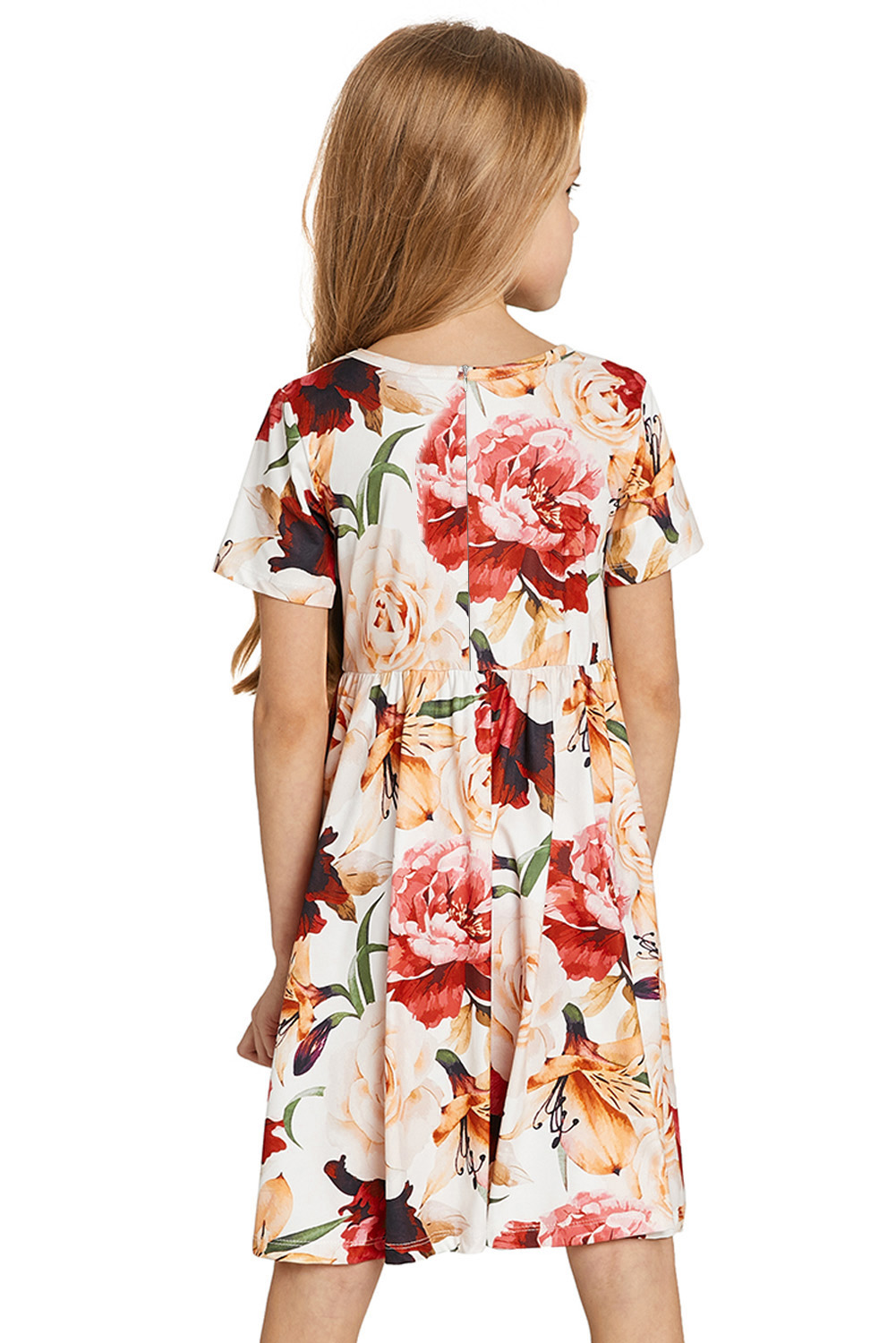 Crewneck Short Sleeve Floral Girl's Midi Dress
