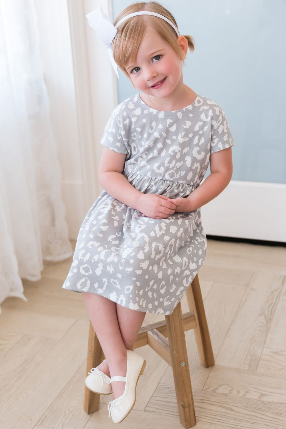 Gray Girl's Leopard Print Crew Neck High Waist Midi Dress