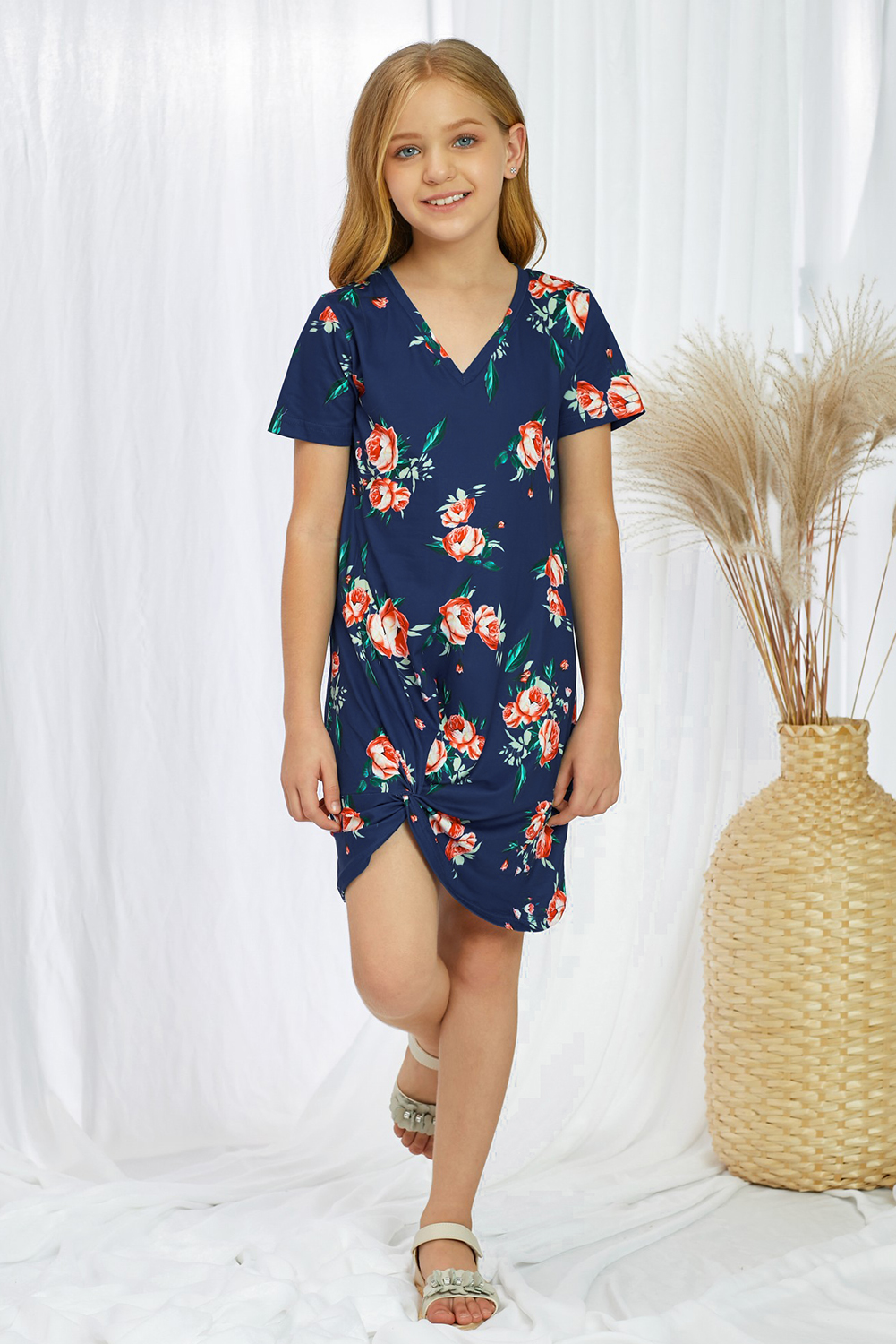 Blue Floral Print Twist Knot V Neck Girl's Mini Dress