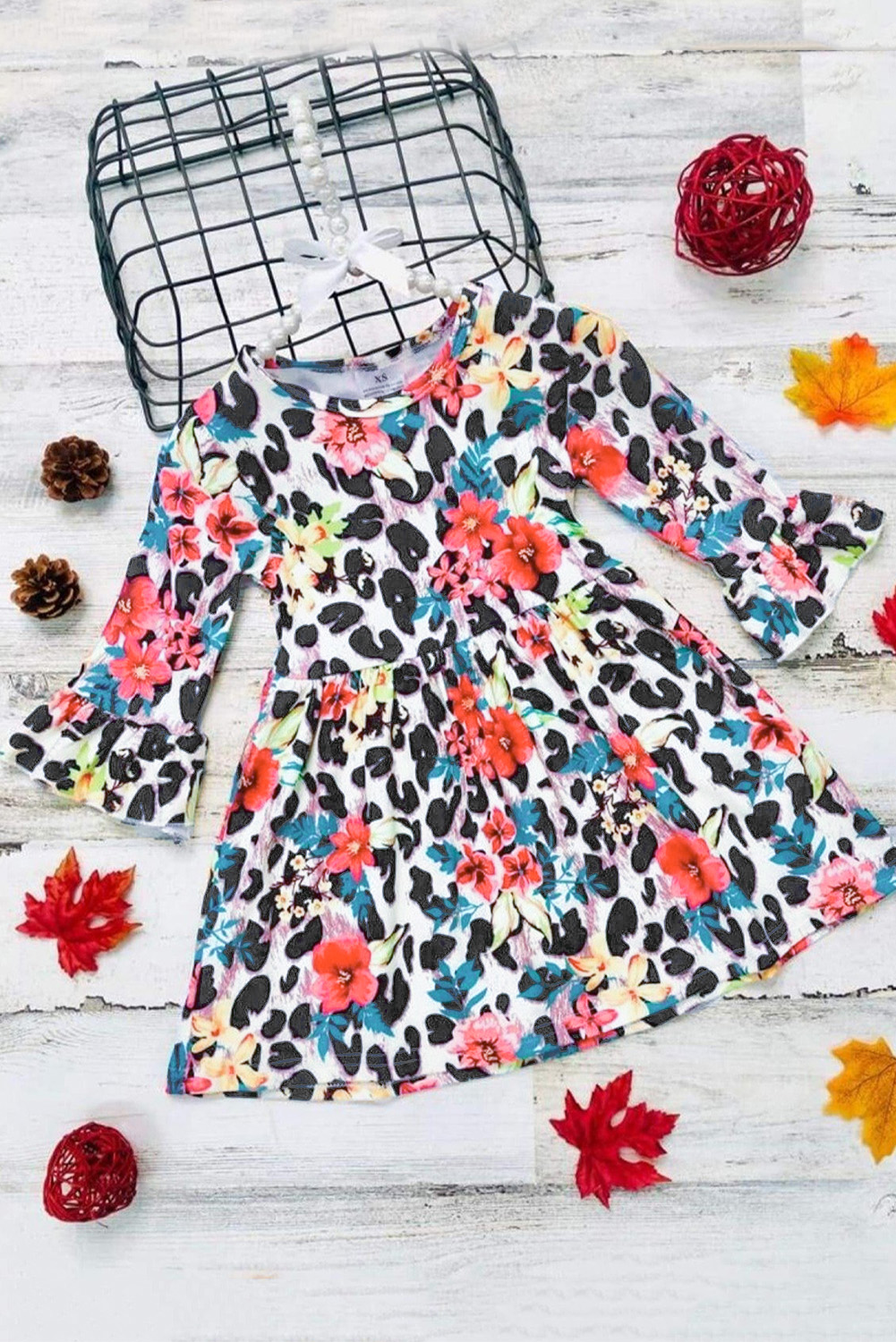 Girls Floral Leopard Long Ruffled Sleeve Dress