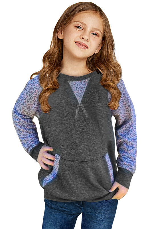 Gray Leopard Raglan Sleeve Patchwork Little Girl Sweatshirt