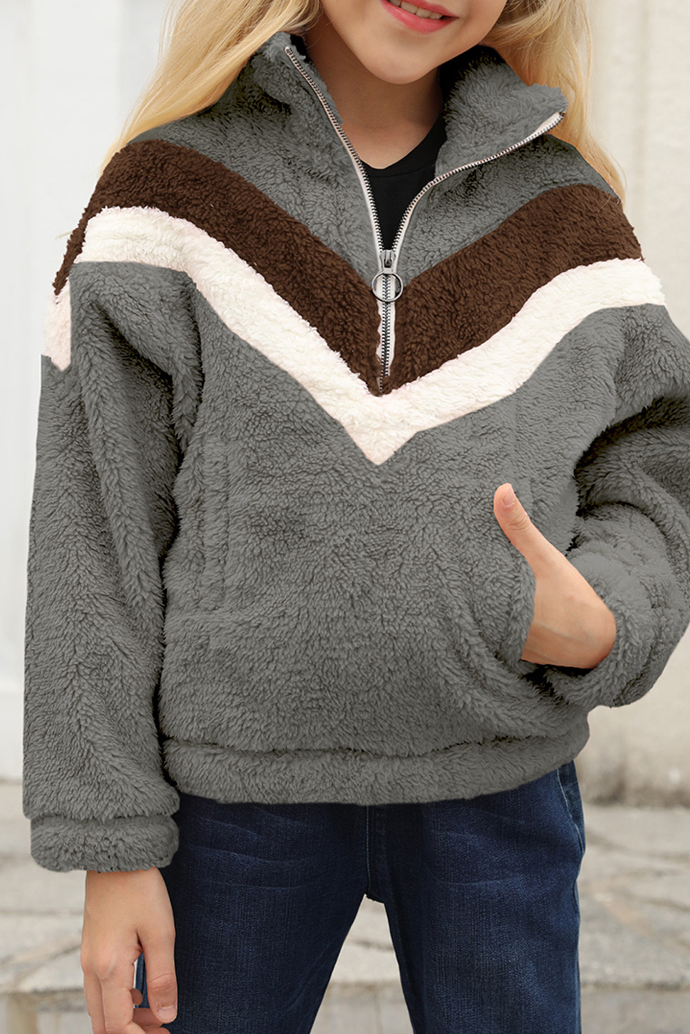 Gray Stripe Color Block Half Zip Girl Fleece Sweatshirt With Pocket