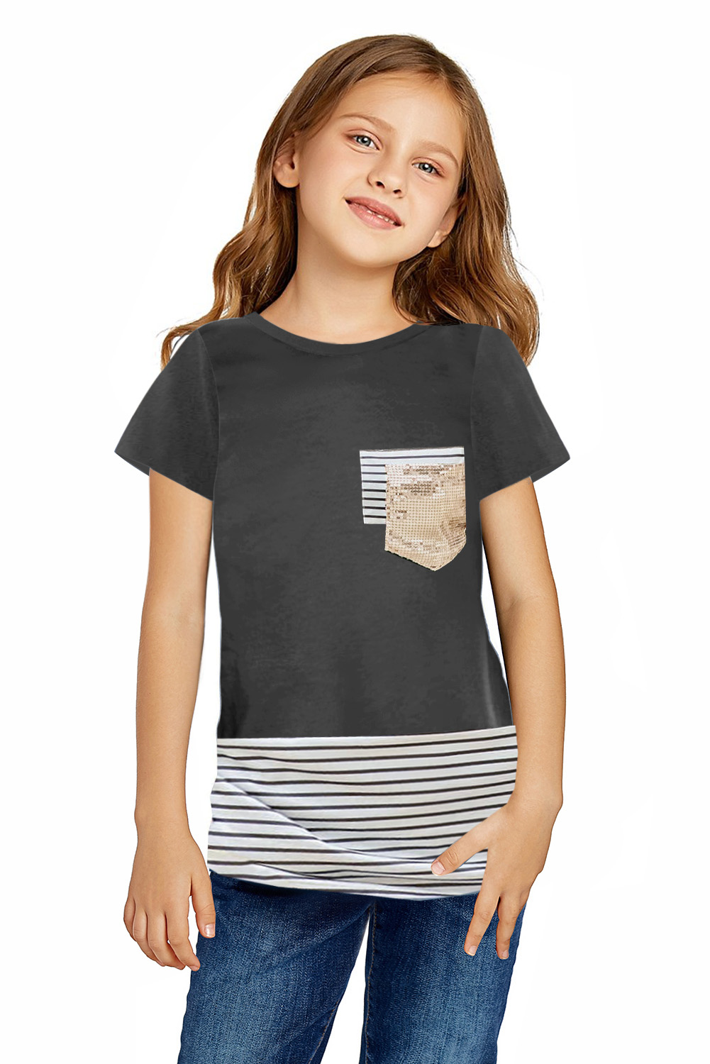Gray Print Splicing Stripes Girls' T-Shirt