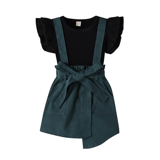 Girls' Solid Color Flared Sleeve Top & Suspender Skirt Set