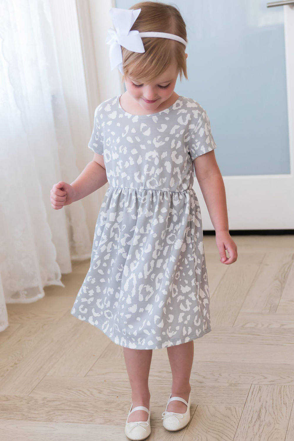 Gray Girl's Leopard Print Crew Neck High Waist Midi Dress