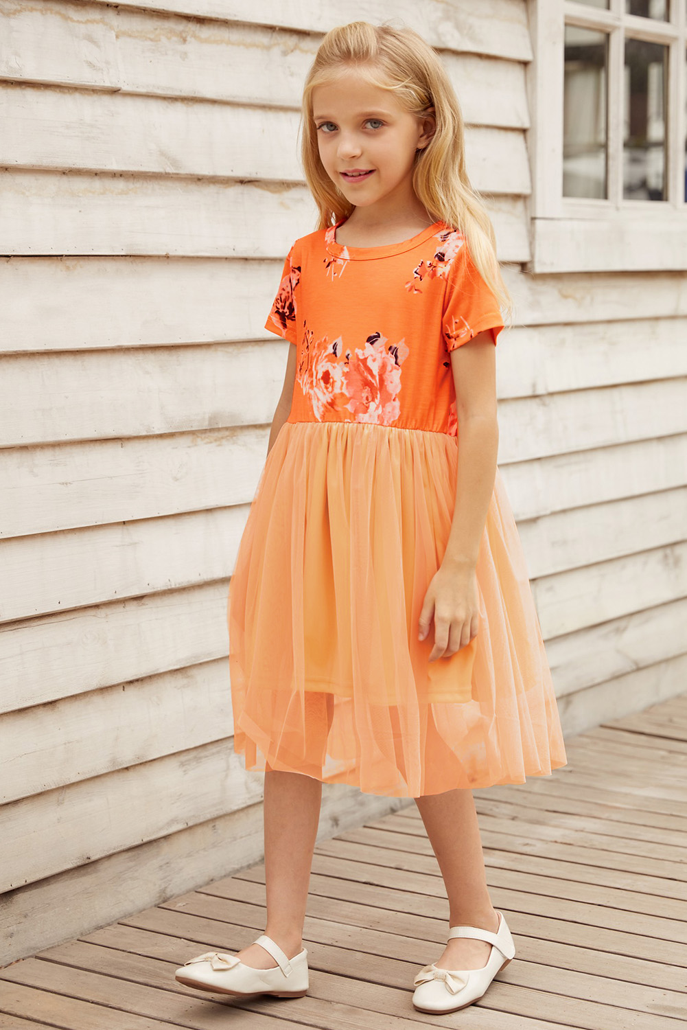 Orange Short Sleeves Floral Bodice Empire Waist Kids Tulle Dress