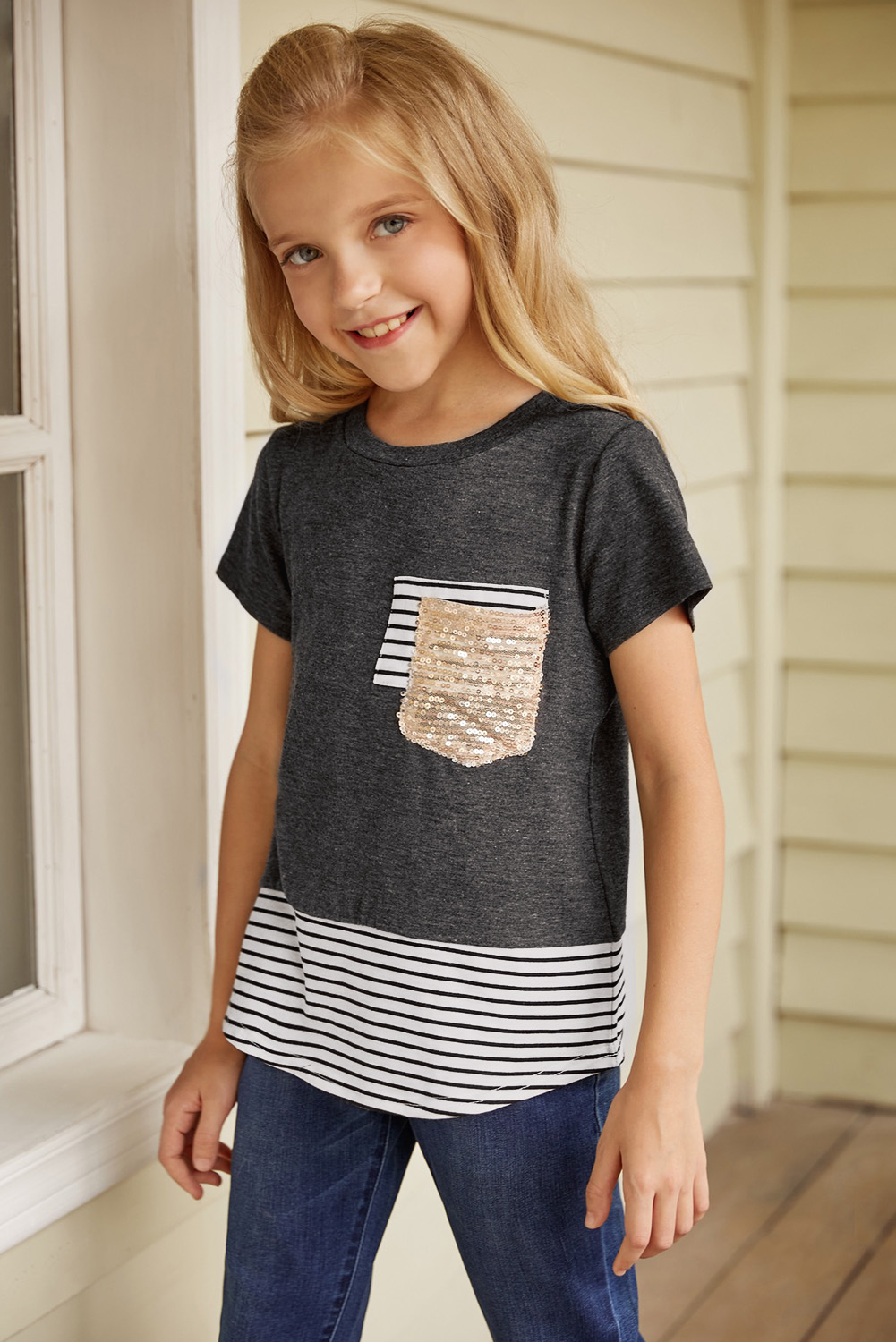 Gray Print Splicing Stripes Girls' T-Shirt