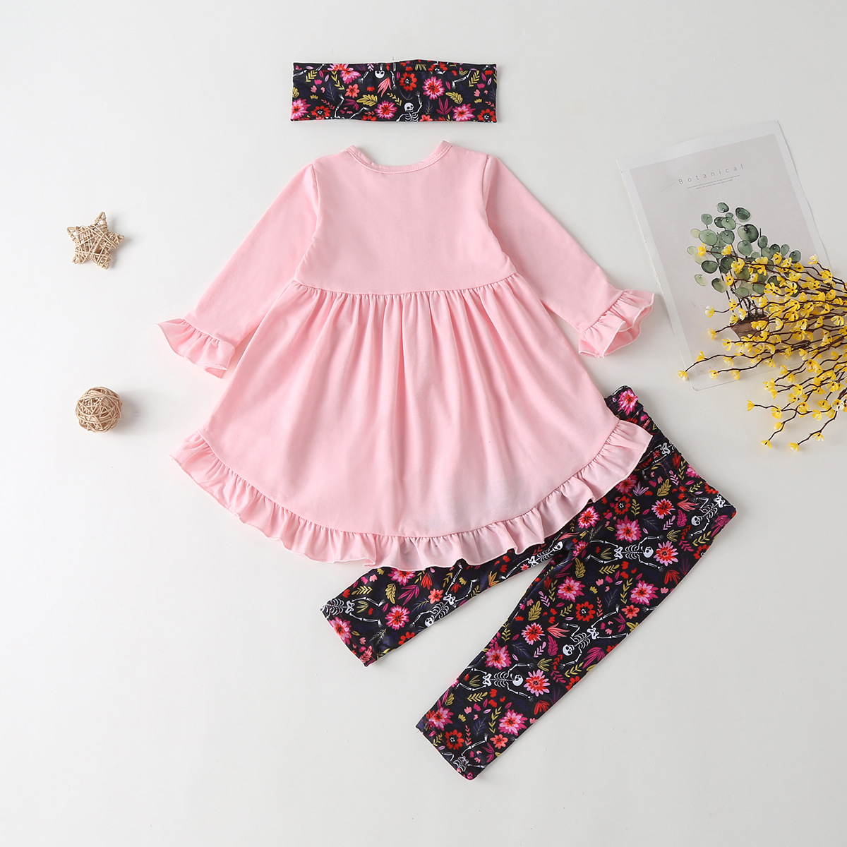 Girls' Halloween Ruffled-Edged Dress & Allover Print Pants Set With Headband