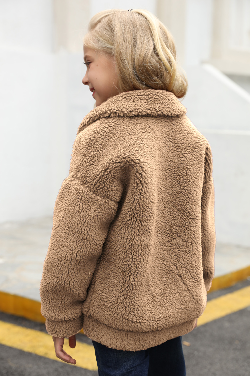 Brown Lapel Zipper Pockets Girl's Sherpa Coat