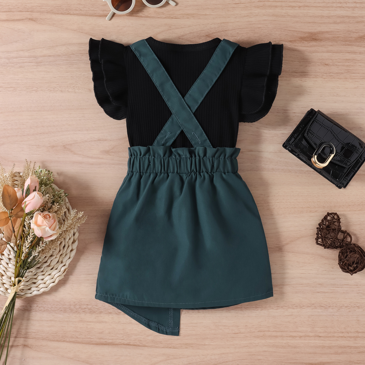 Girls' Solid Color Flared Sleeve Top & Suspender Skirt Set