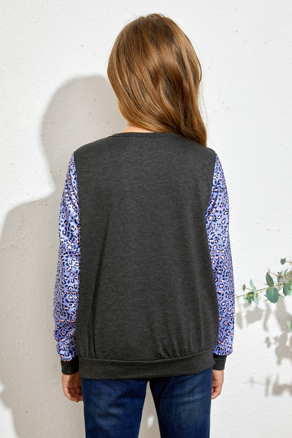 Gray Leopard Raglan Sleeve Patchwork Little Girl Sweatshirt