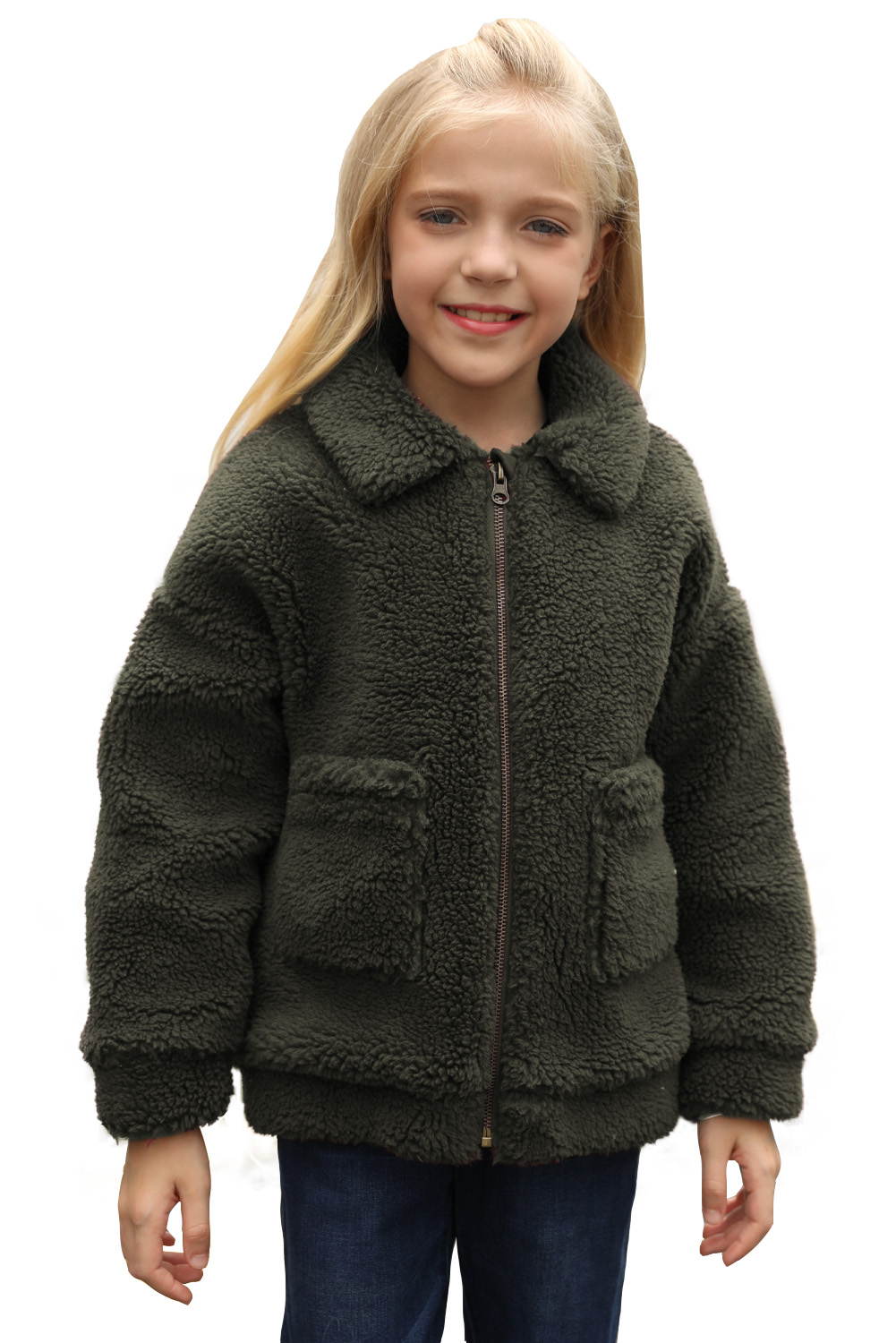 Green Lapel Zipper Pockets Girl's Sherpa Coat