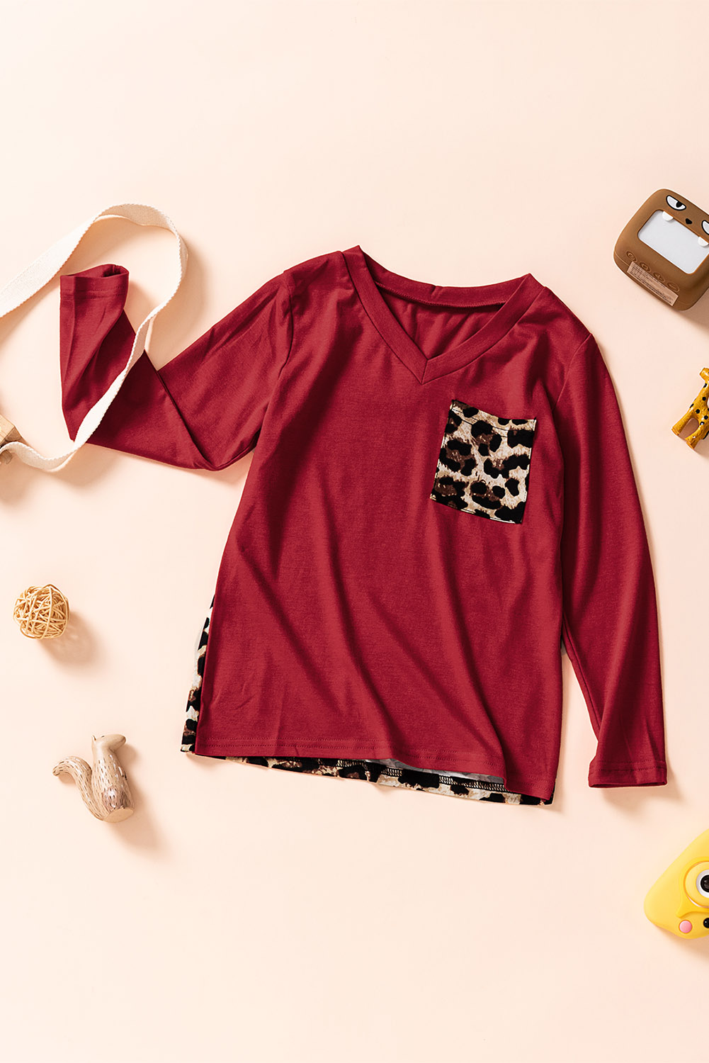 Red Leopard Patchwork Kids Long Sleeve Top