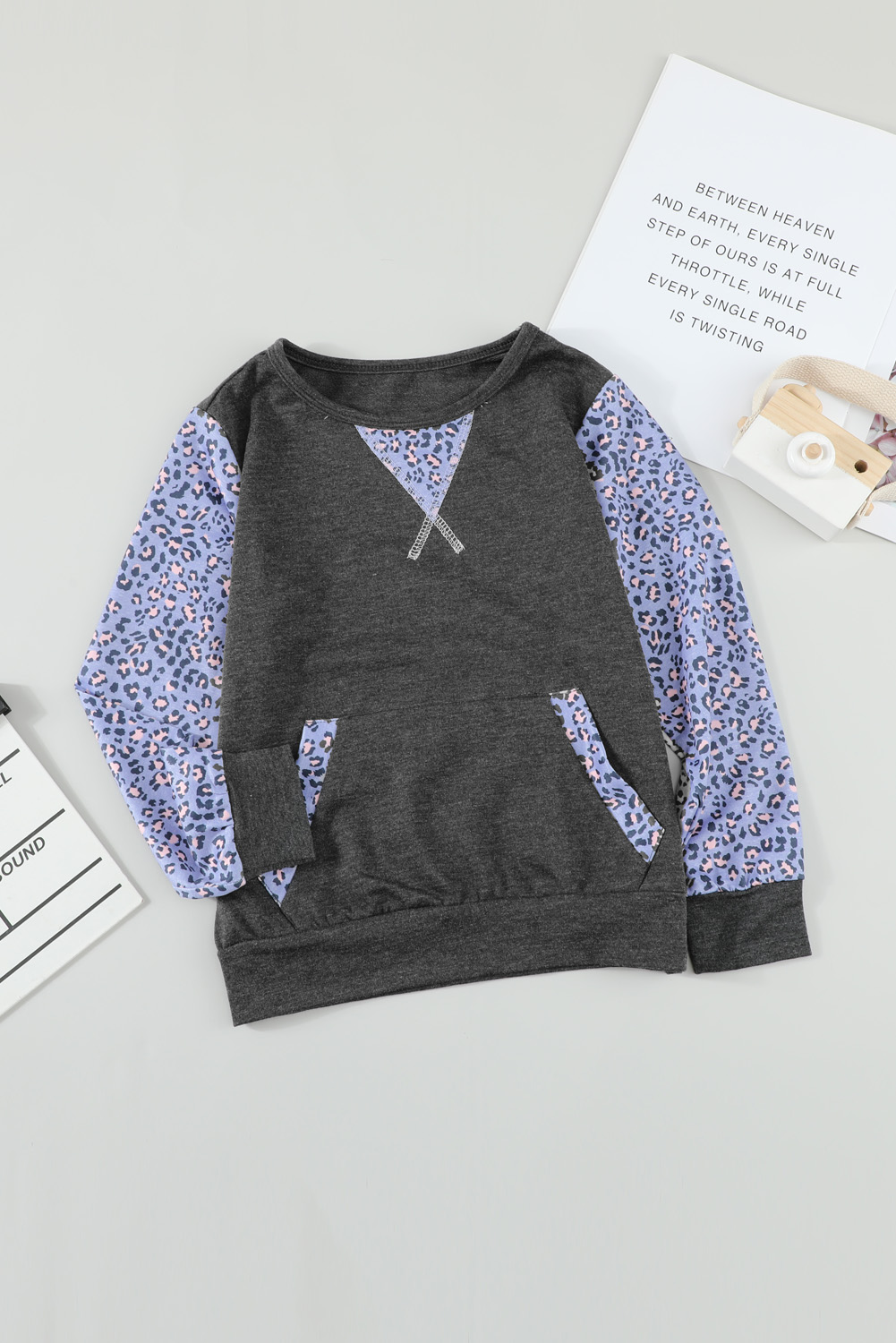 Gray Leopard Raglan Sleeve Patchwork Little Girl Sweatshirt