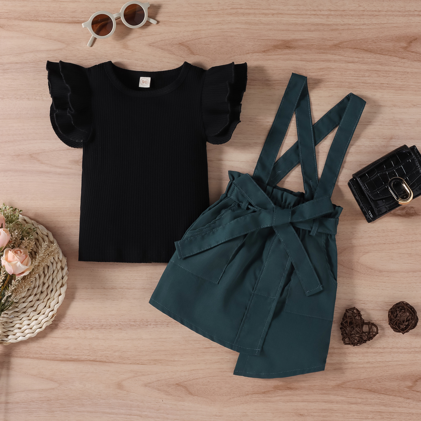 Girls' Solid Color Flared Sleeve Top & Suspender Skirt Set