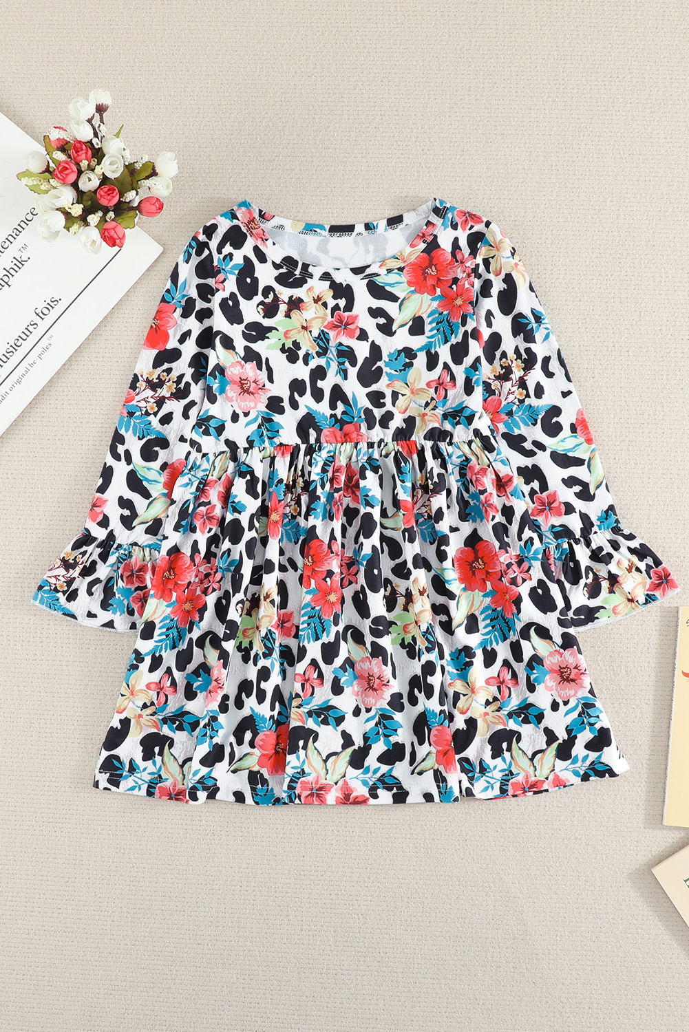 Girls Floral Leopard Long Ruffled Sleeve Dress
