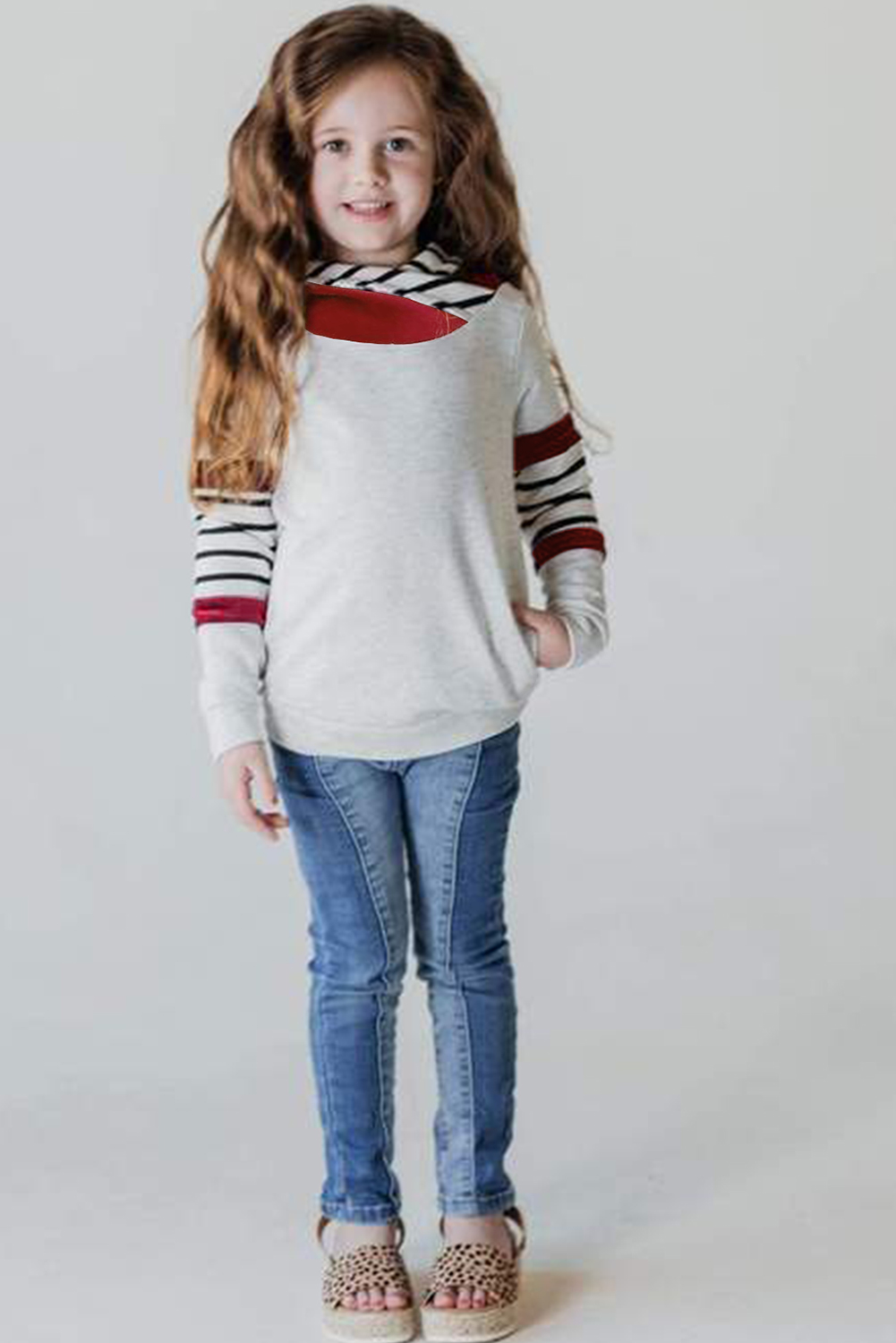 Gray Girls Stripes Colorblock High Neck Hoodie