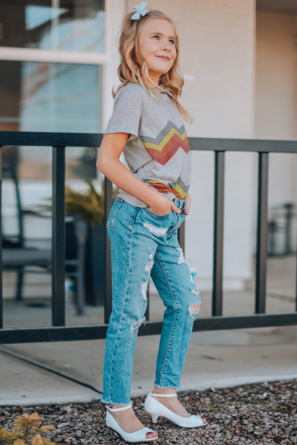 Gray Colorblock Striped Girls' T-Shirt