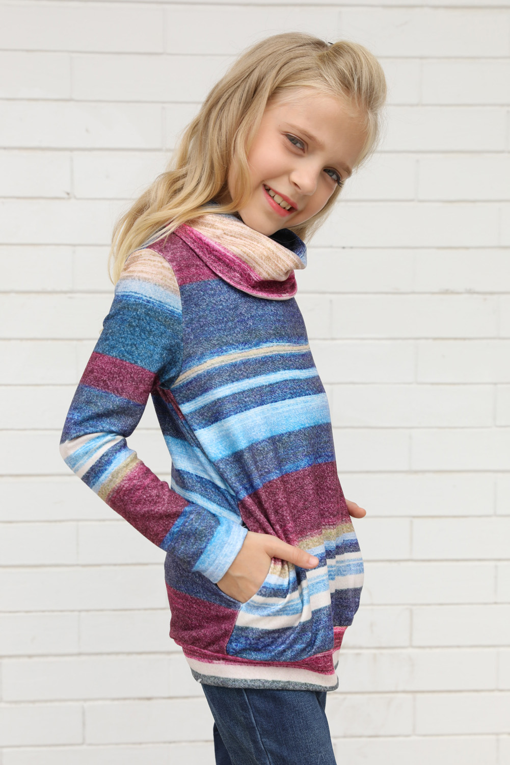 Blue Cowl Neck Girl's Striped Sweatshirt