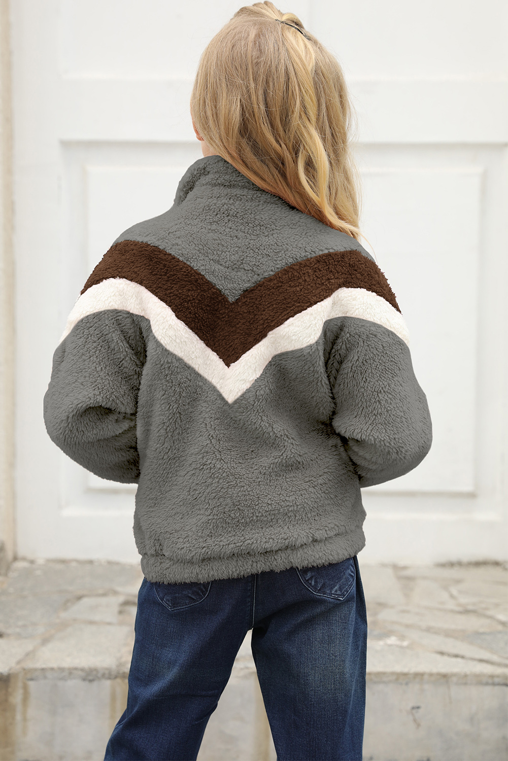 Gray Stripe Color Block Half Zip Girl Fleece Sweatshirt With Pocket