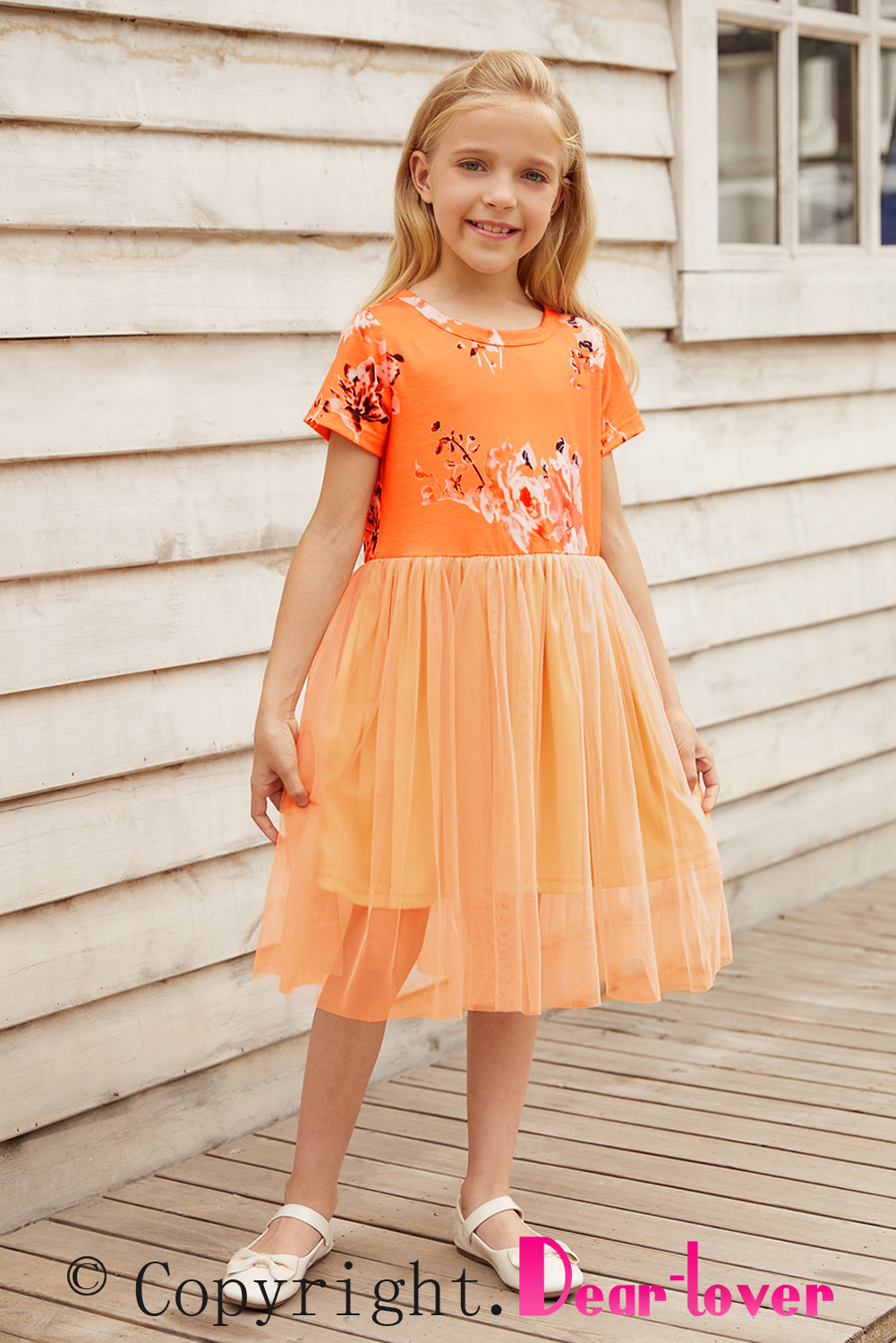 Orange Short Sleeves Floral Bodice Empire Waist Kids Tulle Dress