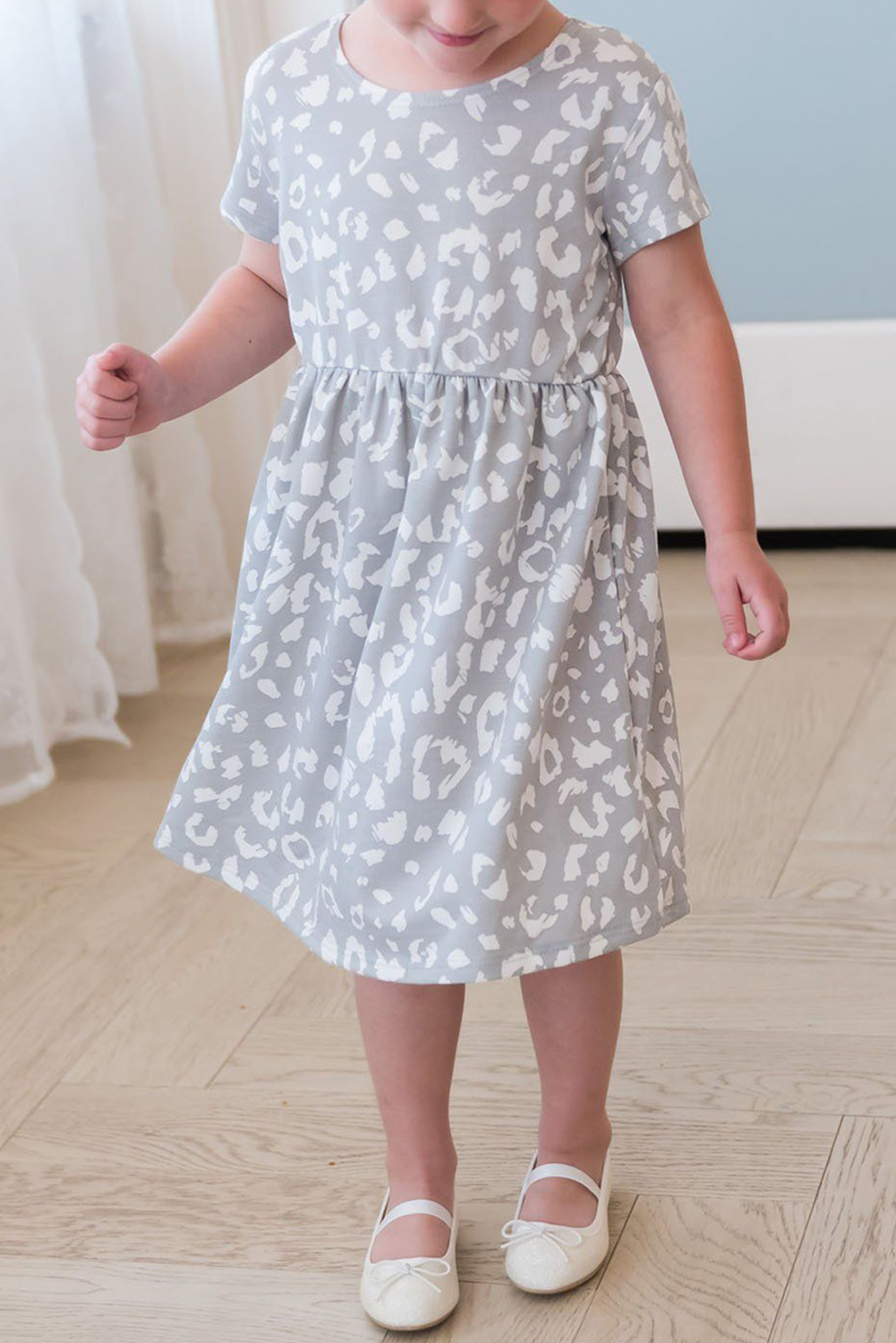 Gray Girl's Leopard Print Crew Neck High Waist Midi Dress