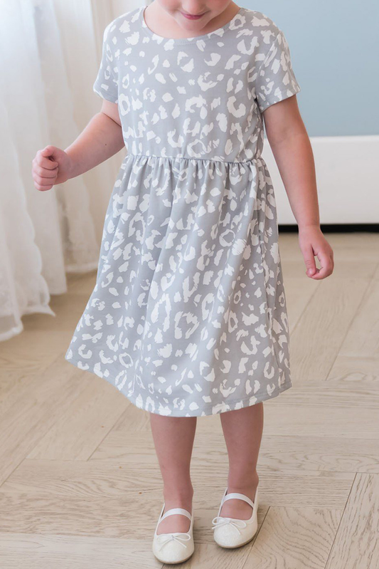 Gray Girl's Leopard Print Crew Neck High Waist Midi Dress