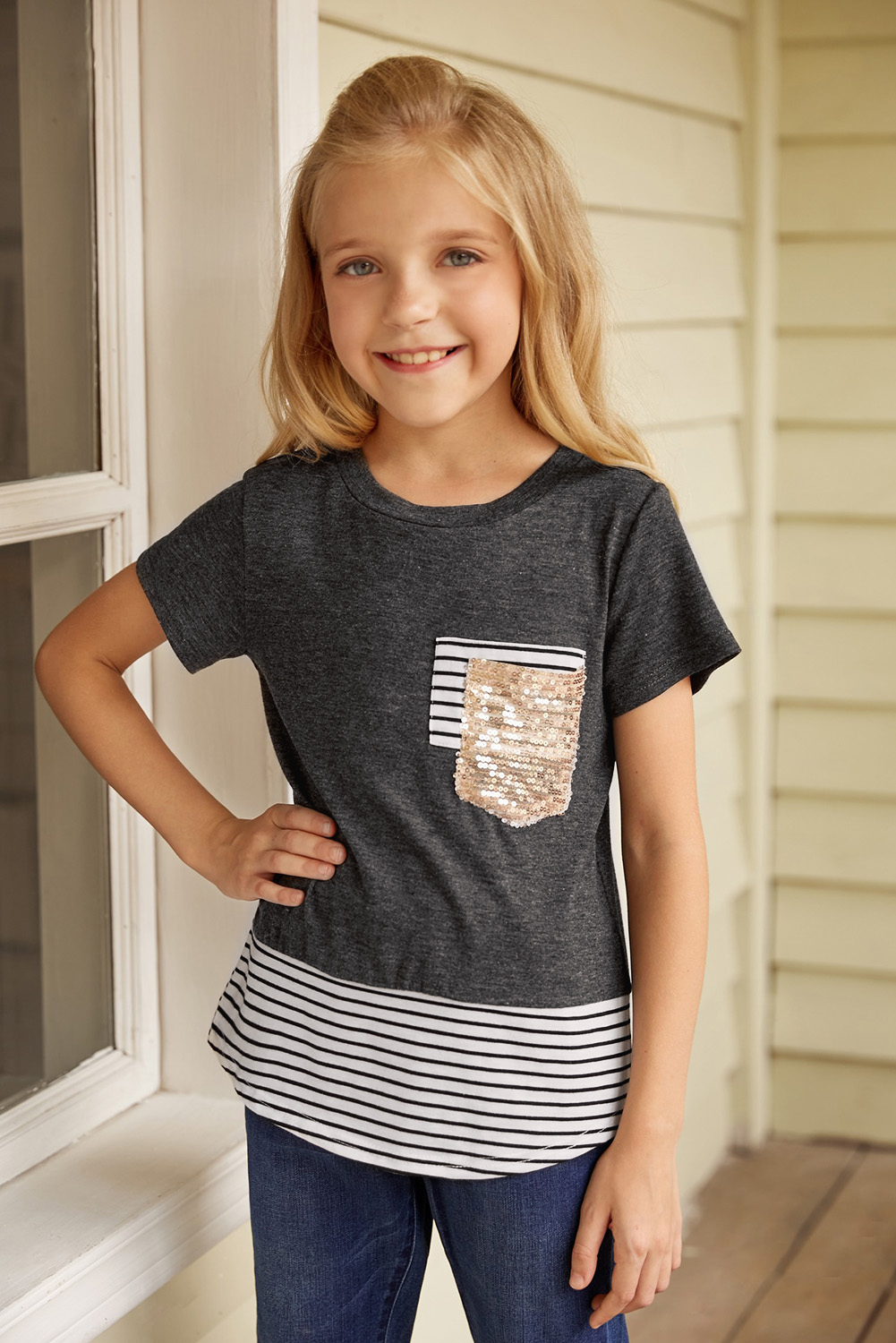 Gray Print Splicing Stripes Girls' T-Shirt