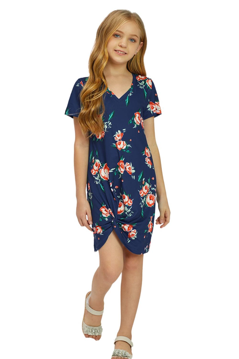 Blue Floral Print Twist Knot V Neck Girl's Mini Dress