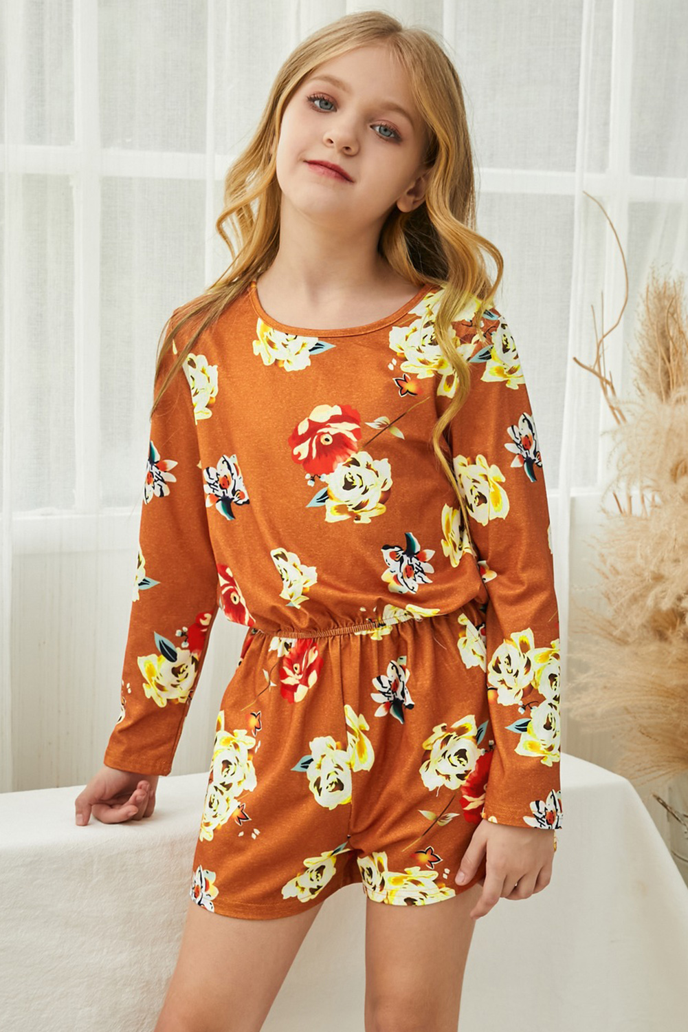 Orange Little Girls' Floral Long Sleeve Romper