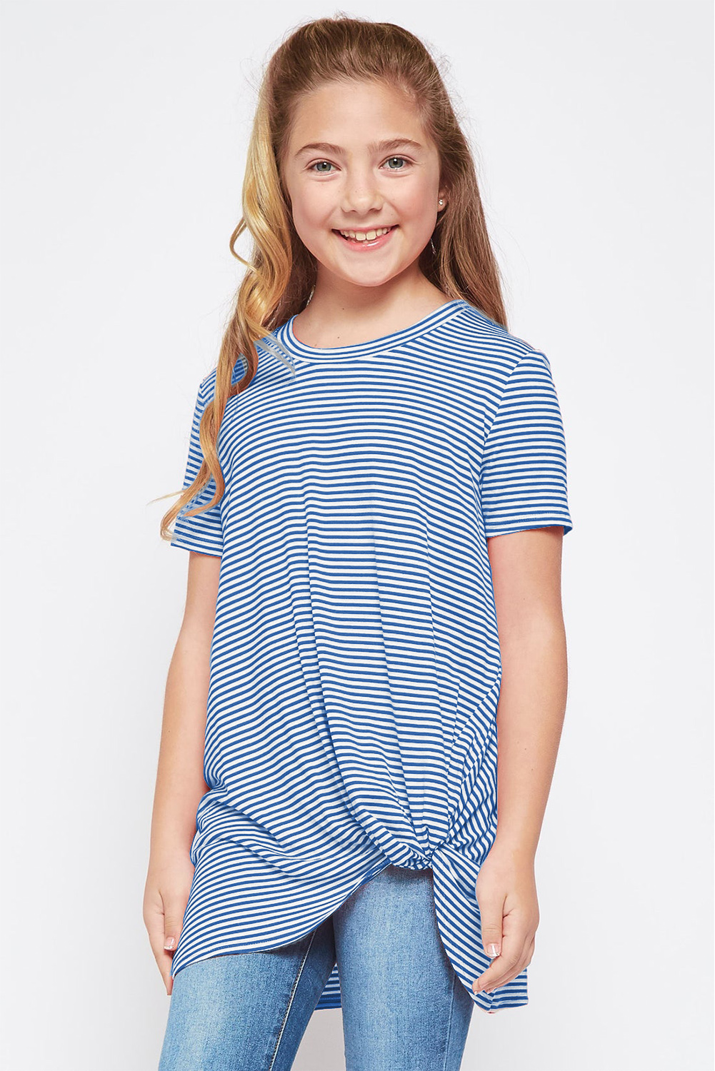 Blue Short Sleeve Front Twist Striped Girl's Top