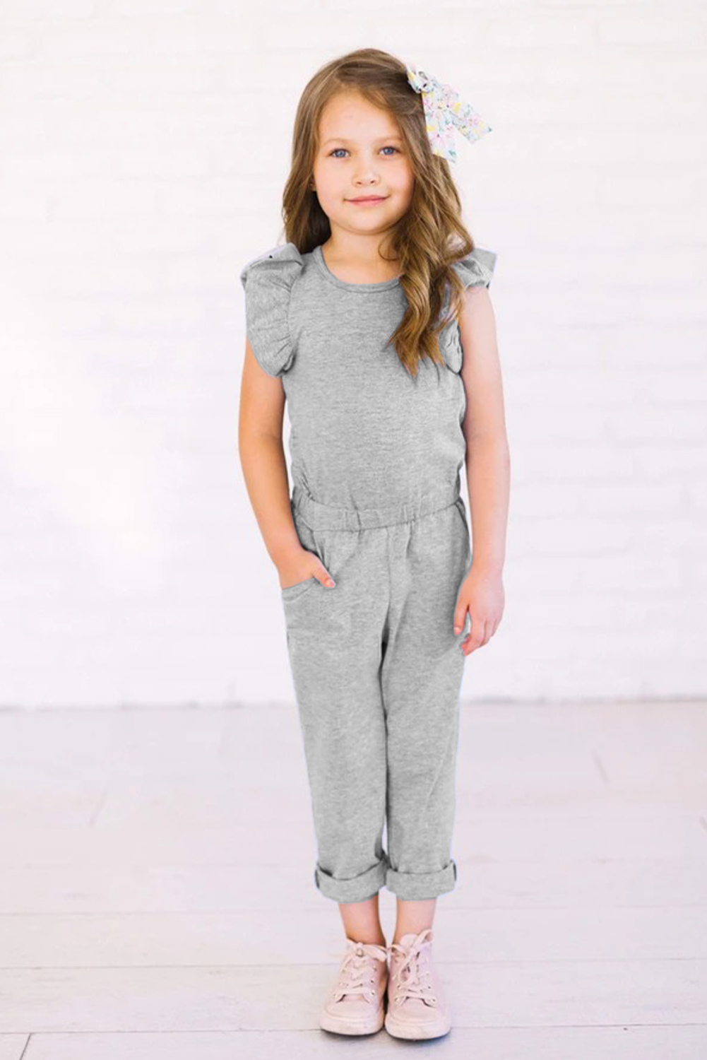 Gray Little Girls Ruffled Shoulder Keyhole Back Jumpsuit With Pockets