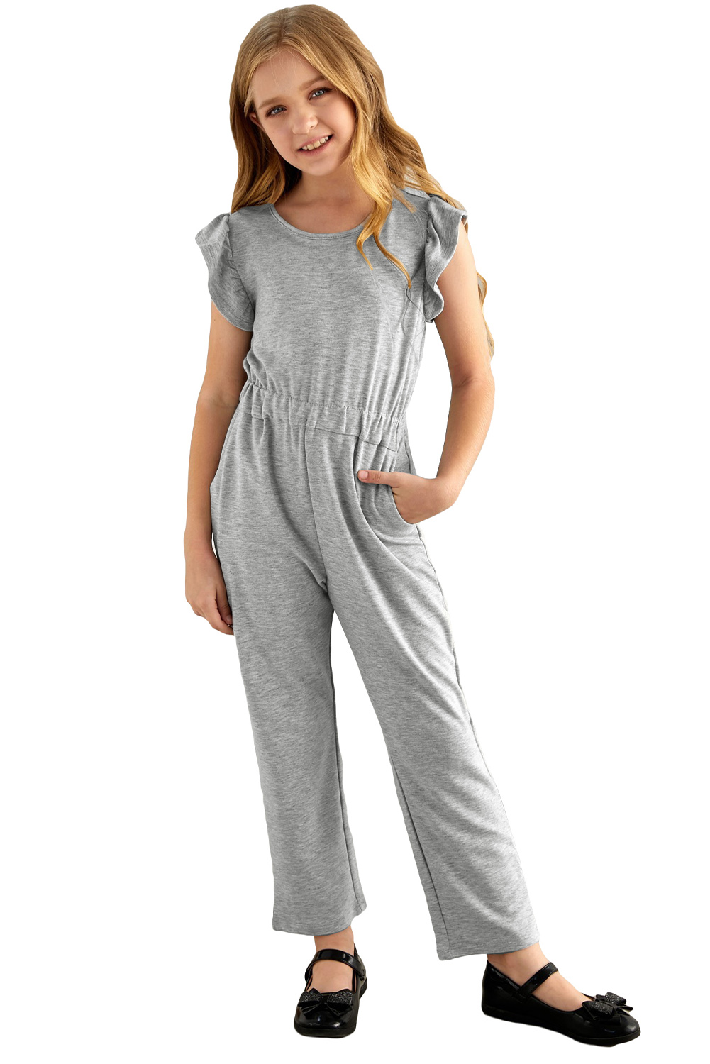 Gray Little Girls Ruffled Shoulder Keyhole Back Jumpsuit With Pockets